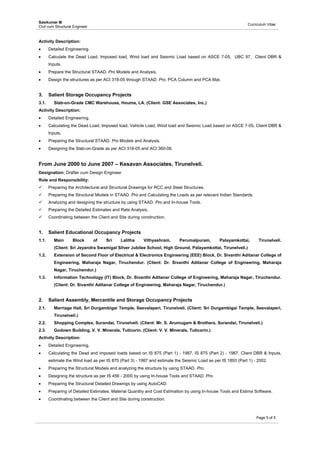 Sasikumar M
Civil cum Structural Engineer
Curriculum Vitae
 
Page 5 of 5
Activity Description:
 Detailed Engineering.
 Calculate the Dead Load, Imposed load, Wind load and Seismic Load based on ASCE 7-05, UBC 97, Client DBR &
Inputs.
 Prepare the Structural STAAD. Pro Models and Analysis.
 Design the structures as per ACI 318-05 through STAAD. Pro, PCA Column and PCA Mat.
3. Salient Storage Occupancy Projects
3.1. Slab-on-Grade CMC Warehouse, Houma, LA. (Client: GSE Associates, Inc.)
Activity Description:
 Detailed Engineering.
 Calculating the Dead Load, Imposed load, Vehicle Load, Wind load and Seismic Load based on ASCE 7-05, Client DBR &
Inputs.
 Preparing the Structural STAAD. Pro Models and Analysis.
 Designing the Slab-on-Grade as per ACI 318-05 and ACI 360-06.
From June 2000 to June 2007 – Kesavan Associates, Tirunelveli.
Designation: Drafter cum Design Engineer
Role and Responsibility:
 Preparing the Architectural and Structural Drawings for RCC and Steel Structures.
 Preparing the Structural Models in STAAD. Pro and Calculating the Loads as per relevant Indian Standards.
 Analyzing and designing the structure by using STAAD. Pro and In-house Tools.
 Preparing the Detailed Estimates and Rate Analysis.
 Coordinating between the Client and Site during construction.
1. Salient Educational Occupancy Projects
1.1. Main Block of Sri Lalitha Vithyashram, Perumalpuram, Palayamkottai, Tirunelveli.
(Client: Sri Jeyandra Swamigal Silver Jubilee School, High Ground, Palayamkottai, Tirunelveli.)
1.2. Extension of Second Floor of Electrical & Electronics Engineering (EEE) Block, Dr. Sivanthi Aditanar College of
Engineering, Maharaja Nagar, Tiruchendur. (Client: Dr. Sivanthi Aditanar College of Engineering, Maharaja
Nagar, Tiruchendur.)
1.3. Information Technology (IT) Block, Dr. Sivanthi Aditanar College of Engineering, Maharaja Nagar, Tiruchendur.
(Client: Dr. Sivanthi Aditanar College of Engineering, Maharaja Nagar, Tiruchendur.)
2. Salient Assembly, Mercantile and Storage Occupancy Projects
2.1. Marriage Hall, Sri Durgambigai Temple, Seevalaperi, Tirunelveli. (Client: Sri Durgambigai Temple, Seevalaperi,
Tirunelveli.)
2.2. Shopping Complex, Surandai, Tirunelveli. (Client: Mr. S. Arumugam & Brothers, Surandai, Tirunelveli.)
2.3. Godown Building, V. V. Minerals, Tuticorin. (Client: V. V. Minerals, Tuticorin.)
Activity Description:
 Detailed Engineering.
 Calculating the Dead and imposed loads based on IS 875 (Part 1) - 1987, IS 875 (Part 2) - 1987, Client DBR & Inputs,
estimate the Wind load as per IS 875 (Part 3) - 1987 and estimate the Seismic Load as per IS 1893 (Part 1) - 2002.
 Preparing the Structural Models and analyzing the structure by using STAAD. Pro.
 Designing the structure as per IS 456 - 2000 by using In-house Tools and STAAD. Pro.
 Preparing the Structural Detailed Drawings by using AutoCAD.
 Preparing of Detailed Estimates, Material Quantity and Cost Estimation by using In-house Tools and Estima Software.
 Coordinating between the Client and Site during construction.
 