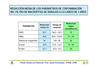 REDUCCIÓN MEDIA DE LOS PARÁMETROS DE CONTAMINACIÓN
DEL FILTRO DE MACROFITAS DE BARAJAS A LO LARGO DE 3 AÑOS
Filtros Verdes en Flotación. Prof. Jesús Fernández . ETSIA. UPM.
PARÁMETRO
Reducción
media (%)
Rango de
variación
Reducción
según
normativa (%)
DQO 65,7 88,4 – 33,3 75
DBO5 80,6 95,5 – 52,63 70 – 90
Solidos en suspensión 94 100 - 82 90
N-total 35,8 77,0 – 12,0 70 - 80
P-total 27,1 53,6 – 6,3 80
 