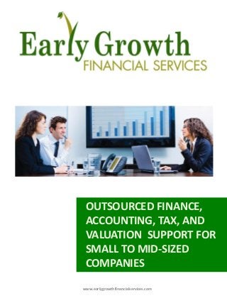  
www.earlygrowthfinancialservices.com  
  
OUTSOURCED  FINANCE,              
ACCOUNTING,  TAX,  AND  
VALUATION    SUPPORT  FOR    
SMALL  TO  MID-­‐SIZED  
COMPANIES  
 