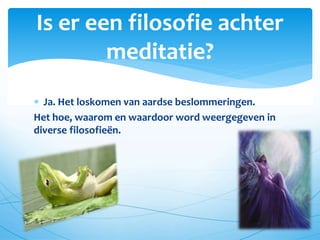  Ja. Het loskomen van aardse beslommeringen.
Het hoe, waarom en waardoor word weergegeven in
diverse filosofieën.
Is er een filosofie achter
meditatie?
 