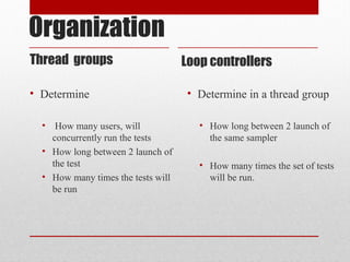 Organization
Thread groups Loop controllers
• Determine
• How many users, will
concurrently run the tests
• How long between 2 launch of
the test
• How many times the tests will
be run
• Determine in a thread group
• How long between 2 launch of
the same sampler
• How many times the set of tests
will be run.
 