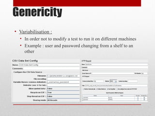 Genericity
• Variabilisation :
• In order not to modify a test to run it on different machines
• Example : user and password changing from a shelf to an
other
 