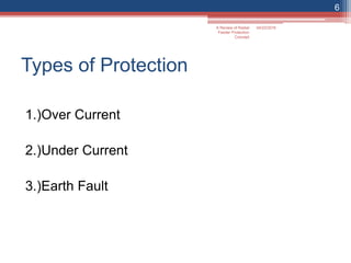 Types of Protection
1.)Over Current
2.)Under Current
3.)Earth Fault
04/22/2016
6
A Review of Radial
Feeder Protection
Concept
 