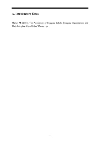 -1-
A. Introductory Essay
Mazur, M. (2014). The Psychology of Category Labels, Category Organizations and
Their Interplay. Unpublished Manuscript.
 