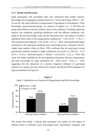 C. ESSAY II: THE BEAUTY OF MODERATELY INCONGRUENT SIMILARITY
-104-
3.1.3 Results and Discussion
Eight participants with incomplete data were eliminated from further analysis.
Knowledge was an aggregate construct based on a 7-item scale (Chang, 2004; α = .83).
To test H1, the study followed a Categorization (Type-Based or Goal-Based) × Prior
Knowledge (mean-centered) design. An analysis of outliers (i.e., ±3 SD from the
group mean) did not reveal any extreme values in the conditions. A multiple regression
analysis was conducted, predicting satisfaction with the different conditions, self-
rating on the prior knowledge scale, and the interaction term. The analysis revealed a
significant direct effect of the categorization condition (β = -5.24, t(215) = -3.76, p <
.001) and prior knowledge (β = 6.36, t(215) = 4.57, p < .001), with significantly higher
satisfaction in the type-based condition across knowledge levels. Consistent with H1,
simple slope analysis (Aiken & West, 1991) confirmed that the type-based (versus
goal-based) condition resulted in higher satisfaction for novices (-1 SD) (β = -6.12,
t(215) = -3.10, p = .002) and experts (+1 SD) (β = -4.36, t(215) = -2.21, p = .028). This
result was further qualified by the non-significant interaction between categorization
and prior knowledge for large assortments (β = 0.88, t(215) = 0.63, p = .529),
suggesting that the interaction of a positive (negative) influence of goal-based
similarity for experts (novices) observed by Poynor and Wood (2010) disappears for
large assortments (see Figure 4).
Figure 4
Study 1: Satisfaction as a Function of Categorization and Prior Knowledge
The results from Study 1 indicate that assortment size matters for the impact of
different forms of similarity across knowledge levels. Specifically, compared with
 
