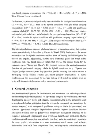 C. ESSAY II: THE BEAUTY OF MODERATELY INCONGRUENT SIMILARITY
-109-
goal-based category organizations ((M = 75.46, SD = 14.54), t(65) = -1.17, p = .246).
Thus, H3b and H4a are confirmed.
Furthermore, experts were significantly less satisfied in the pure goal-based condition
(M = 68.10, SD = 20.25) than in the hybrid conditions with goal-based category
organizations ((M = 90.48, SD = 8.33), t(66) = -6.13, p < .001) and goal-based
category labels ((M = 80.77, SD = 13.70), t(57) = -3.21, p = .002). Moreover, novices
indicated significantly lower satisfaction in the pure goal-based condition (M = 60.42,
SD = 12.01) than in the hybrid conditions with goal-based category organizations ((M
= 75.46, SD = 14.54), t(60) = -3.93, p < .001) and goal-based category labels ((M =
87.99, SD = 9.73), t(63) = -6.72, p < .001). Thus, H5 is confirmed.
The interaction between category labels and category organizations shows that existing
research on similarity is flawed (e.g., Poynor & Wood, 2010). Furthermore, the varied
preferences for the hybrid conditions resulted from differently established goals for
novices and experts. Specifically, experts have established goals and prefer hybrid
conditions with type-based category labels that provide the mental frame for the
categories (e.g., “Color and Rims”). By contrast, whereas the context-generating
function of goal-based category labels in hybrid conditions (e.g., “Sporty and
Elegant”) might restrict experts, they provide a specific meaning that assists novices in
developing choice criteria. Finally, goal-based category organizations in hybrid
conditions are too incongruent for novices but are well-suited for experts who are
better able to acquire information in less structured environments.
4 General Discussion
The present research proves, for the first time, that assortment size and category labels
influence the perceived congruence for type-based and goal-based similarity. Based on
disentangling category labels and category organizations, the hybrid conditions result
in significantly higher satisfaction than the previously considered pure conditions for
novices (experts) with unexpected goal-based category labels (organizations) and
expected type-based category organizations (labels). Hybrid conditions increase
satisfaction because they are perceived as moderately incongruent compared to the
extremely congruent (incongruent) pure type-based (goal-based) conditions. Hybrid
conditions provide promising (and virtually cost-free) tools for practitioners to present
the same product information in a more customer-oriented manner and to better
differentiate their MCS from competitors. Thus, building on the central theorem that
 