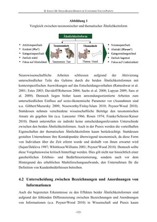 D. ESSAY III: NEED-BASED DESIGN OF CUSTOMER TOUCH POINTS
-122-
Abbildung 1
Vergleich zwischen taxonomischer und thematischer Ähnlichkeitsform
Neurowissenschaftliche Arbeiten schliessen aufgrund der Aktivierung
unterschiedlicher Teile des Gehirns durch die beiden Ähnlichkeitsformen mit
kontextspezifischen Auswirkungen auf das Entscheidungsverhalten (Ratneshwar et al.
2001; Estes 2003; Davidoff/Roberson 2004; Sachs et al. 2008; Lupyan 2009; Sass et
al. 2009). Dennoch liegen bisher kaum anwendungsorientierte Arbeiten zum
unterschiedlichen Einfluss auf sozio-ökonomische Parameter vor (Ausnahmen sind
u.a. Gibbert/Mazursky 2009; Noseworthy/Finlay/Islam 2010; Poynor/Wood 2010).
Stattdessen nehmen verschiedene wissenschaftliche Beiträge den taxonomischen
Ansatz als gegeben hin (u.a. Lancaster 1966; Rosen 1974; Franke/Schreier/Kaiser
2010). Damit unterstellen sie indirekt keine entscheidungsrelevanten Unterschiede
zwischen den beiden Ähnlichkeitsformen. Auch in der Praxis werden die vorteilhaften
Eigenschaften der thematischen Ähnlichkeitsform kaum berücksichtigt. Stattdessen
gestalten Unternehmen ihre Kontaktpunkte überwiegend taxonomisch, da diese Form
von Individuen über die Zeit erlernt wurde und deshalb von ihnen erwartet wird
(Sujan/Dekleva 1987; Whittlesea/Williams 2001; Poynor/Wood 2010). Dennoch sollte
diese Vorgehensweise kritisch hinterfragt werden. Dies gilt nicht nur hinsichtlich einer
ganzheitlichen Erlebnis- und Bedürfnisorientierung, sondern auch vor dem
Hintergrund des erheblichen Marktforschungsaufwands, den Unternehmen für die
Definition von Kundenbedürfnissen betreiben.
4.2 Unterscheidung zwischen Bezeichnungen und Anordnungen von
Informationen
Auch die begrenzten Erkenntnisse zu den Effekten beider Ähnlichkeitsformen sind
aufgrund der fehlenden Differenzierung zwischen Bezeichnungen und Anordnungen
von Informationen (u.a. Poynor/Wood 2010) in Wissenschaft und Praxis kaum
 