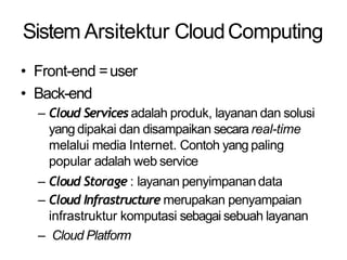 Sistem Arsitektur CloudComputing
• Front-end =user
• Back-end
– Cloud Services adalah produk, layanan dan solusi
yang dipakai dan disampaikan secara real-time
melalui media Internet. Contoh yang paling
popular adalah web service
– Cloud Storage : layanan penyimpanandata
– Cloud Infrastructure merupakan penyampaian
infrastruktur komputasi sebagai sebuah layanan
– Cloud Platform
 