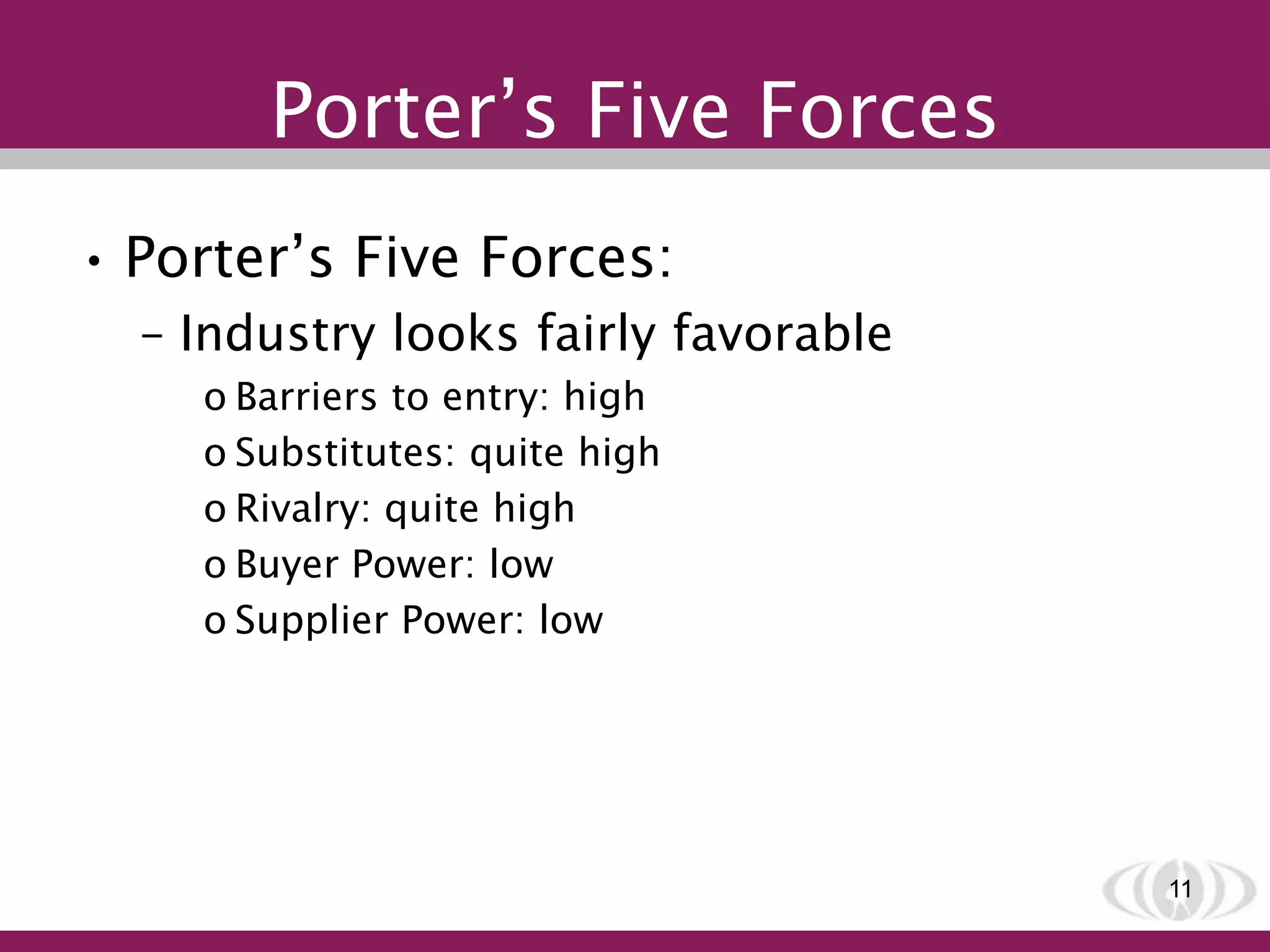 Porter’s Five Forces
• Porter’s Five Forces:
– Industry looks fairly favorable
o Barriers to entry: high
o Substitutes: quite high
o Rivalry: quite high
o Buyer Power: low
o Supplier Power: low
11
 