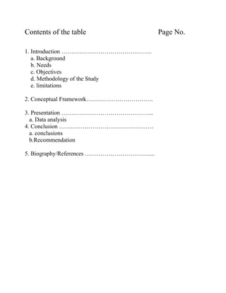 Contents of the table Page No.
1. Introduction ……………………………………….
a. Background
b. Needs
c. Objectives
d. Methodology of the Study
e. limitations
2. Conceptual Framework…………………………….
3. Presentation ………………………………………..
a. Data analysis
4. Conclusion …………………………………………
a. conclusions
b.Recommendation
5. Biography/References ……………………………...
 