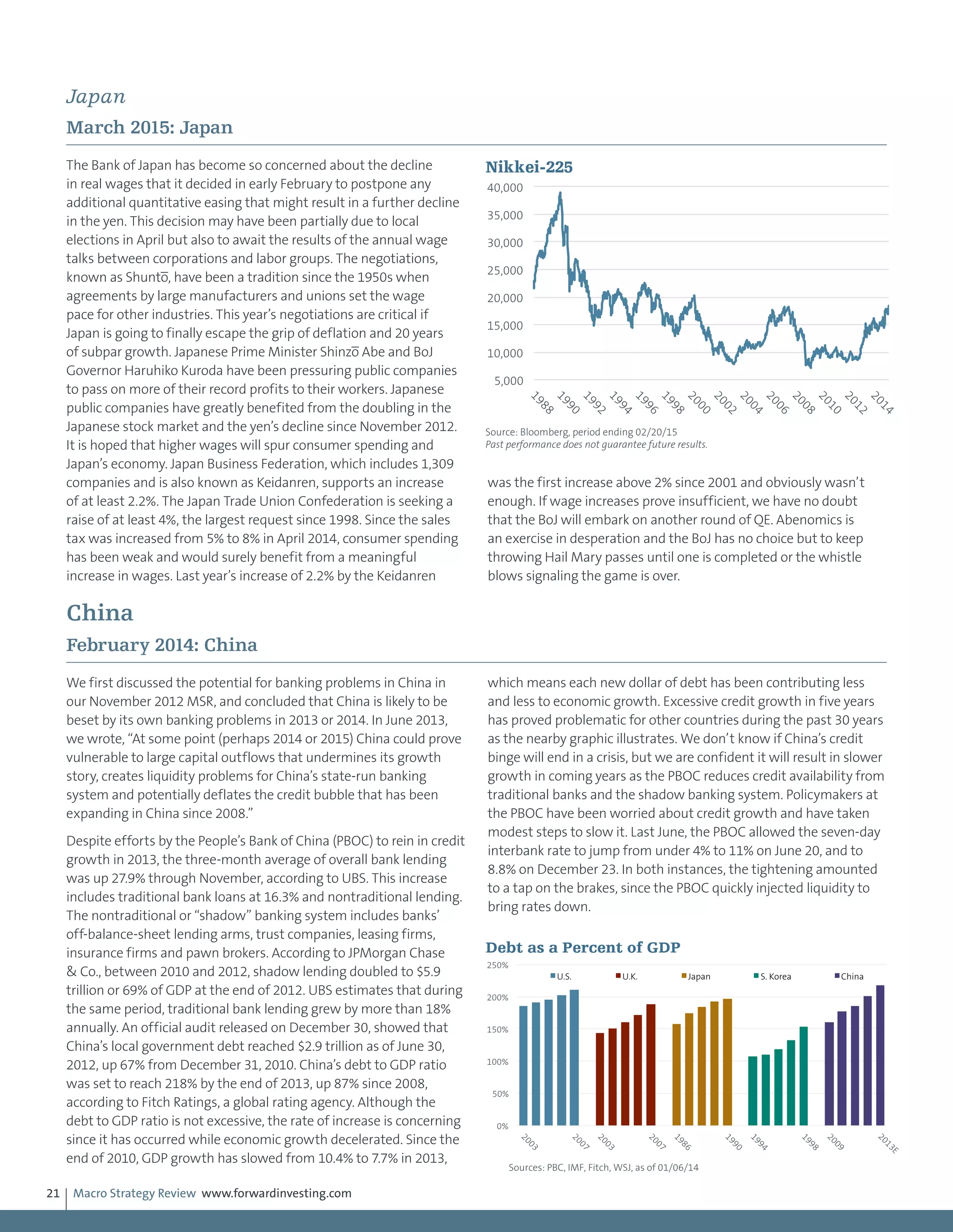 Macro Strategy Review www.forwardinvesting.com21
Japan
March 2015: Japan
The Bank of Japan has become so concerned about the decline
in real wages that it decided in early February to postpone any
additional quantitative easing that might result in a further decline
in the yen. This decision may have been partially due to local
elections in April but also to await the results of the annual wage
talks between corporations and labor groups. The negotiations,
known as Shunto, have been a tradition since the 1950s when
agreements by large manufacturers and unions set the wage
pace for other industries. This year’s negotiations are critical if
Japan is going to finally escape the grip of deflation and 20 years
of subpar growth. Japanese Prime Minister Shinzo Abe and BoJ
Governor Haruhiko Kuroda have been pressuring public companies
to pass on more of their record profits to their workers. Japanese
public companies have greatly benefited from the doubling in the
Japanese stock market and the yen’s decline since November 2012.
It is hoped that higher wages will spur consumer spending and
Japan’s economy. Japan Business Federation, which includes 1,309
companies and is also known as Keidanren, supports an increase
of at least 2.2%. The Japan Trade Union Confederation is seeking a
raise of at least 4%, the largest request since 1998. Since the sales
tax was increased from 5% to 8% in April 2014, consumer spending
has been weak and would surely benefit from a meaningful
increase in wages. Last year’s increase of 2.2% by the Keidanren
was the first increase above 2% since 2001 and obviously wasn’t
enough. If wage increases prove insufficient, we have no doubt
that the BoJ will embark on another round of QE. Abenomics is
an exercise in desperation and the BoJ has no choice but to keep
throwing Hail Mary passes until one is completed or the whistle
blows signaling the game is over.
China
February 2014: China
We first discussed the potential for banking problems in China in
our November 2012 MSR, and concluded that China is likely to be
beset by its own banking problems in 2013 or 2014. In June 2013,
we wrote, “At some point (perhaps 2014 or 2015) China could prove
vulnerable to large capital outflows that undermines its growth
story, creates liquidity problems for China’s state-run banking
system and potentially deflates the credit bubble that has been
expanding in China since 2008.”
Despite efforts by the People’s Bank of China (PBOC) to rein in credit
growth in 2013, the three-month average of overall bank lending
was up 27.9% through November, according to UBS. This increase
includes traditional bank loans at 16.3% and nontraditional lending.
The nontraditional or “shadow” banking system includes banks’
off-balance-sheet lending arms, trust companies, leasing firms,
insurance firms and pawn brokers. According to JPMorgan Chase
& Co., between 2010 and 2012, shadow lending doubled to $5.9
trillion or 69% of GDP at the end of 2012. UBS estimates that during
the same period, traditional bank lending grew by more than 18%
annually. An official audit released on December 30, showed that
China’s local government debt reached $2.9 trillion as of June 30,
2012, up 67% from December 31, 2010. China’s debt to GDP ratio
was set to reach 218% by the end of 2013, up 87% since 2008,
according to Fitch Ratings, a global rating agency. Although the
debt to GDP ratio is not excessive, the rate of increase is concerning
since it has occurred while economic growth decelerated. Since the
end of 2010, GDP growth has slowed from 10.4% to 7.7% in 2013,
which means each new dollar of debt has been contributing less
and less to economic growth. Excessive credit growth in five years
has proved problematic for other countries during the past 30 years
as the nearby graphic illustrates. We don’t know if China’s credit
binge will end in a crisis, but we are confident it will result in slower
growth in coming years as the PBOC reduces credit availability from
traditional banks and the shadow banking system. Policymakers at
the PBOC have been worried about credit growth and have taken
modest steps to slow it. Last June, the PBOC allowed the seven-day
interbank rate to jump from under 4% to 11% on June 20, and to
8.8% on December 23. In both instances, the tightening amounted
to a tap on the brakes, since the PBOC quickly injected liquidity to
bring rates down.
5,000
10,000
15,000
20,000
25,000
30,000
35,000
40,000
1988
1990
1992
1994
1996
1998
2000
2002
2004
2006
2008
2010
2012
2014
Nikkei-225
Source: Bloomberg, period ending 02/20/15
Past performance does not guarantee future results.
0%
50%
100%
150%
200%
250%
2003
2007
2003
2007
1986
1990
1994
1998
2009
2013E
U.S. U.K. Japan S. Korea China
Debt as a Percent of GDP
Sources: PBC, IMF, Fitch, WSJ, as of 01/06/14
 