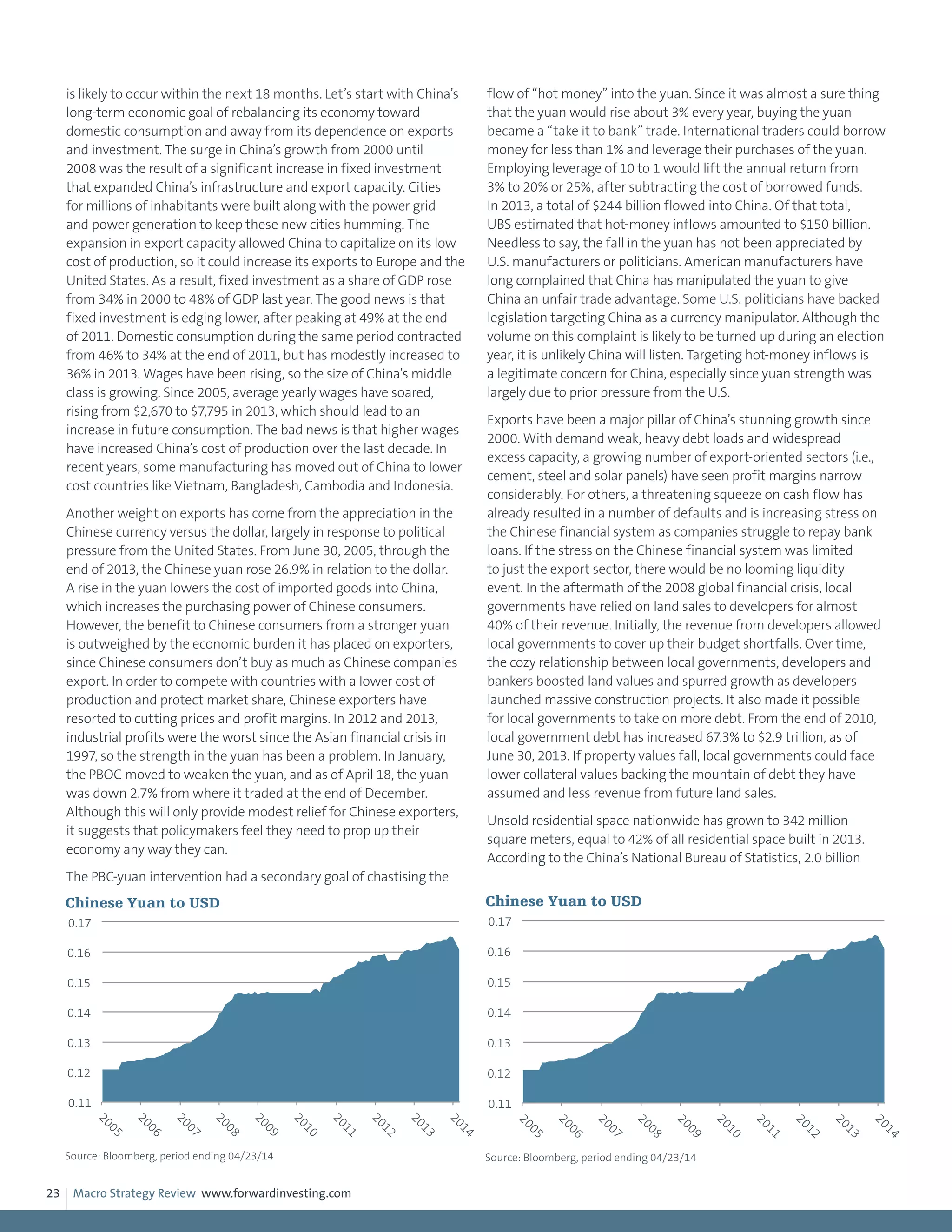 Macro Strategy Review www.forwardinvesting.com23
is likely to occur within the next 18 months. Let’s start with China’s
long-term economic goal of rebalancing its economy toward
domestic consumption and away from its dependence on exports
and investment. The surge in China’s growth from 2000 until
2008 was the result of a significant increase in fixed investment
that expanded China’s infrastructure and export capacity. Cities
for millions of inhabitants were built along with the power grid
and power generation to keep these new cities humming. The
expansion in export capacity allowed China to capitalize on its low
cost of production, so it could increase its exports to Europe and the
United States. As a result, fixed investment as a share of GDP rose
from 34% in 2000 to 48% of GDP last year. The good news is that
fixed investment is edging lower, after peaking at 49% at the end
of 2011. Domestic consumption during the same period contracted
from 46% to 34% at the end of 2011, but has modestly increased to
36% in 2013. Wages have been rising, so the size of China’s middle
class is growing. Since 2005, average yearly wages have soared,
rising from $2,670 to $7,795 in 2013, which should lead to an
increase in future consumption. The bad news is that higher wages
have increased China’s cost of production over the last decade. In
recent years, some manufacturing has moved out of China to lower
cost countries like Vietnam, Bangladesh, Cambodia and Indonesia.
Another weight on exports has come from the appreciation in the
Chinese currency versus the dollar, largely in response to political
pressure from the United States. From June 30, 2005, through the
end of 2013, the Chinese yuan rose 26.9% in relation to the dollar.
A rise in the yuan lowers the cost of imported goods into China,
which increases the purchasing power of Chinese consumers.
However, the benefit to Chinese consumers from a stronger yuan
is outweighed by the economic burden it has placed on exporters,
since Chinese consumers don’t buy as much as Chinese companies
export. In order to compete with countries with a lower cost of
production and protect market share, Chinese exporters have
resorted to cutting prices and profit margins. In 2012 and 2013,
industrial profits were the worst since the Asian financial crisis in
1997, so the strength in the yuan has been a problem. In January,
the PBOC moved to weaken the yuan, and as of April 18, the yuan
was down 2.7% from where it traded at the end of December.
Although this will only provide modest relief for Chinese exporters,
it suggests that policymakers feel they need to prop up their
economy any way they can.
The PBC-yuan intervention had a secondary goal of chastising the
flow of “hot money” into the yuan. Since it was almost a sure thing
that the yuan would rise about 3% every year, buying the yuan
became a “take it to bank” trade. International traders could borrow
money for less than 1% and leverage their purchases of the yuan.
Employing leverage of 10 to 1 would lift the annual return from
3% to 20% or 25%, after subtracting the cost of borrowed funds.
In 2013, a total of $244 billion flowed into China. Of that total,
UBS estimated that hot-money inflows amounted to $150 billion.
Needless to say, the fall in the yuan has not been appreciated by
U.S. manufacturers or politicians. American manufacturers have
long complained that China has manipulated the yuan to give
China an unfair trade advantage. Some U.S. politicians have backed
legislation targeting China as a currency manipulator. Although the
volume on this complaint is likely to be turned up during an election
year, it is unlikely China will listen. Targeting hot-money inflows is
a legitimate concern for China, especially since yuan strength was
largely due to prior pressure from the U.S.
Exports have been a major pillar of China’s stunning growth since
2000. With demand weak, heavy debt loads and widespread
excess capacity, a growing number of export-oriented sectors (i.e.,
cement, steel and solar panels) have seen profit margins narrow
considerably. For others, a threatening squeeze on cash flow has
already resulted in a number of defaults and is increasing stress on
the Chinese financial system as companies struggle to repay bank
loans. If the stress on the Chinese financial system was limited
to just the export sector, there would be no looming liquidity
event. In the aftermath of the 2008 global financial crisis, local
governments have relied on land sales to developers for almost
40% of their revenue. Initially, the revenue from developers allowed
local governments to cover up their budget shortfalls. Over time,
the cozy relationship between local governments, developers and
bankers boosted land values and spurred growth as developers
launched massive construction projects. It also made it possible
for local governments to take on more debt. From the end of 2010,
local government debt has increased 67.3% to $2.9 trillion, as of
June 30, 2013. If property values fall, local governments could face
lower collateral values backing the mountain of debt they have
assumed and less revenue from future land sales.
Unsold residential space nationwide has grown to 342 million
square meters, equal to 42% of all residential space built in 2013.
According to the China’s National Bureau of Statistics, 2.0 billion
0.11
0.12
0.13
0.14
0.15
0.16
0.17
2005
2006
2007
2008
2009
2010
2011
2012
2013
2014
Chinese Yuan to USD
Source: Bloomberg, period ending 04/23/14
0.11
0.12
0.13
0.14
0.15
0.16
0.17
2005
2006
2007
2008
2009
2010
2011
2012
2013
2014
Chinese Yuan to USD
Source: Bloomberg, period ending 04/23/14
 
