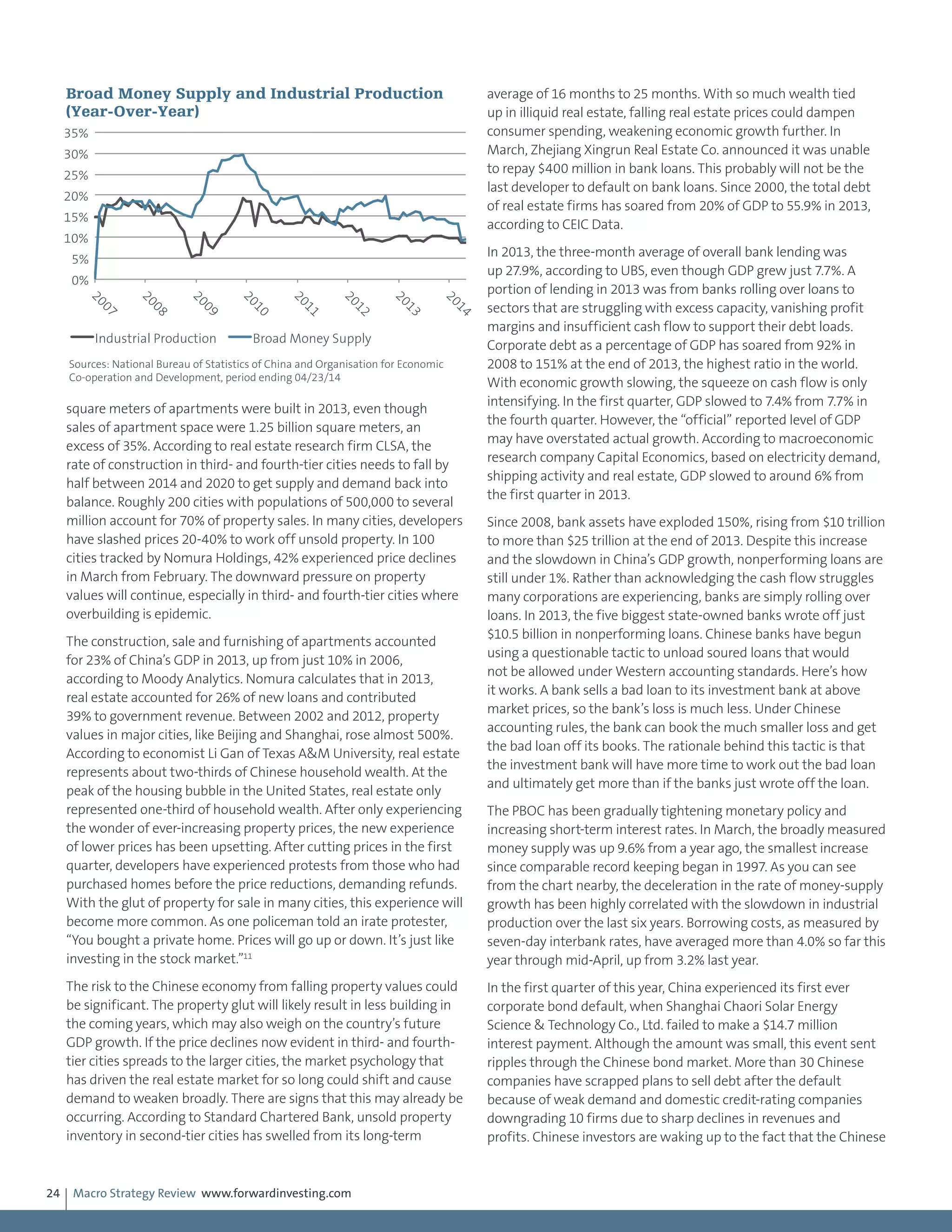 Macro Strategy Review www.forwardinvesting.com24
square meters of apartments were built in 2013, even though
sales of apartment space were 1.25 billion square meters, an
excess of 35%. According to real estate research firm CLSA, the
rate of construction in third- and fourth-tier cities needs to fall by
half between 2014 and 2020 to get supply and demand back into
balance. Roughly 200 cities with populations of 500,000 to several
million account for 70% of property sales. In many cities, developers
have slashed prices 20-40% to work off unsold property. In 100
cities tracked by Nomura Holdings, 42% experienced price declines
in March from February. The downward pressure on property
values will continue, especially in third- and fourth-tier cities where
overbuilding is epidemic.
The construction, sale and furnishing of apartments accounted
for 23% of China’s GDP in 2013, up from just 10% in 2006,
according to Moody Analytics. Nomura calculates that in 2013,
real estate accounted for 26% of new loans and contributed
39% to government revenue. Between 2002 and 2012, property
values in major cities, like Beijing and Shanghai, rose almost 500%.
According to economist Li Gan of Texas A&M University, real estate
represents about two-thirds of Chinese household wealth. At the
peak of the housing bubble in the United States, real estate only
represented one-third of household wealth. After only experiencing
the wonder of ever-increasing property prices, the new experience
of lower prices has been upsetting. After cutting prices in the first
quarter, developers have experienced protests from those who had
purchased homes before the price reductions, demanding refunds.
With the glut of property for sale in many cities, this experience will
become more common. As one policeman told an irate protester,
“You bought a private home. Prices will go up or down. It’s just like
investing in the stock market.”11
The risk to the Chinese economy from falling property values could
be significant. The property glut will likely result in less building in
the coming years, which may also weigh on the country’s future
GDP growth. If the price declines now evident in third- and fourth-
tier cities spreads to the larger cities, the market psychology that
has driven the real estate market for so long could shift and cause
demand to weaken broadly. There are signs that this may already be
occurring. According to Standard Chartered Bank, unsold property
inventory in second-tier cities has swelled from its long-term
average of 16 months to 25 months. With so much wealth tied
up in illiquid real estate, falling real estate prices could dampen
consumer spending, weakening economic growth further. In
March, Zhejiang Xingrun Real Estate Co. announced it was unable
to repay $400 million in bank loans. This probably will not be the
last developer to default on bank loans. Since 2000, the total debt
of real estate firms has soared from 20% of GDP to 55.9% in 2013,
according to CEIC Data.
In 2013, the three-month average of overall bank lending was
up 27.9%, according to UBS, even though GDP grew just 7.7%. A
portion of lending in 2013 was from banks rolling over loans to
sectors that are struggling with excess capacity, vanishing profit
margins and insufficient cash flow to support their debt loads.
Corporate debt as a percentage of GDP has soared from 92% in
2008 to 151% at the end of 2013, the highest ratio in the world.
With economic growth slowing, the squeeze on cash flow is only
intensifying. In the first quarter, GDP slowed to 7.4% from 7.7% in
the fourth quarter. However, the “official” reported level of GDP
may have overstated actual growth. According to macroeconomic
research company Capital Economics, based on electricity demand,
shipping activity and real estate, GDP slowed to around 6% from
the first quarter in 2013.
Since 2008, bank assets have exploded 150%, rising from $10 trillion
to more than $25 trillion at the end of 2013. Despite this increase
and the slowdown in China’s GDP growth, nonperforming loans are
still under 1%. Rather than acknowledging the cash flow struggles
many corporations are experiencing, banks are simply rolling over
loans. In 2013, the five biggest state-owned banks wrote off just
$10.5 billion in nonperforming loans. Chinese banks have begun
using a questionable tactic to unload soured loans that would
not be allowed under Western accounting standards. Here’s how
it works. A bank sells a bad loan to its investment bank at above
market prices, so the bank’s loss is much less. Under Chinese
accounting rules, the bank can book the much smaller loss and get
the bad loan off its books. The rationale behind this tactic is that
the investment bank will have more time to work out the bad loan
and ultimately get more than if the banks just wrote off the loan.
The PBOC has been gradually tightening monetary policy and
increasing short-term interest rates. In March, the broadly measured
money supply was up 9.6% from a year ago, the smallest increase
since comparable record keeping began in 1997. As you can see
from the chart nearby, the deceleration in the rate of money-supply
growth has been highly correlated with the slowdown in industrial
production over the last six years. Borrowing costs, as measured by
seven-day interbank rates, have averaged more than 4.0% so far this
year through mid-April, up from 3.2% last year.
In the first quarter of this year, China experienced its first ever
corporate bond default, when Shanghai Chaori Solar Energy
Science & Technology Co., Ltd. failed to make a $14.7 million
interest payment. Although the amount was small, this event sent
ripples through the Chinese bond market. More than 30 Chinese
companies have scrapped plans to sell debt after the default
because of weak demand and domestic credit-rating companies
downgrading 10 firms due to sharp declines in revenues and
profits. Chinese investors are waking up to the fact that the Chinese
0%
5%
10%
15%
20%
25%
30%
35%
2007
2008
2009
2010
2011
2012
2013
2014
Industrial Production Broad Money Supply
Broad Money Supply and Industrial Production
(Year-Over-Year)
Sources: National Bureau of Statistics of China and Organisation for Economic
Co-operation and Development, period ending 04/23/14
 