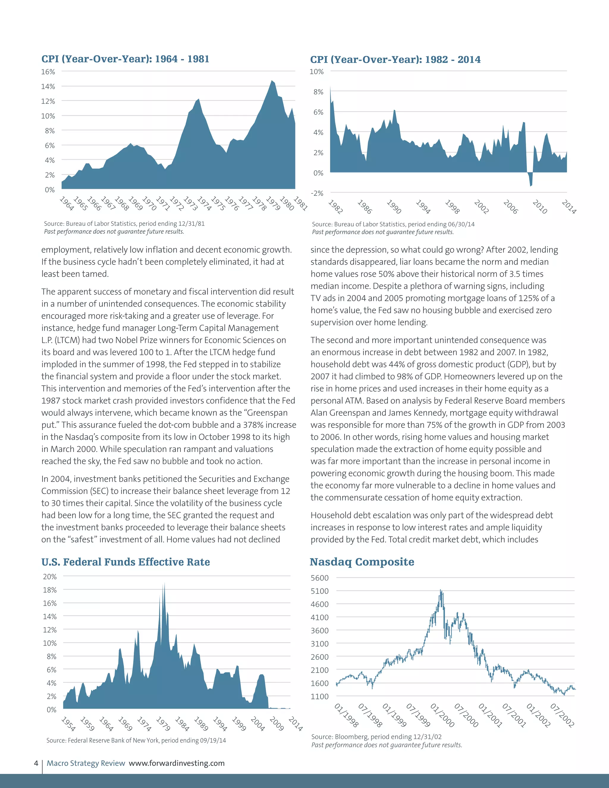 Macro Strategy Review www.forwardinvesting.com4
employment, relatively low inflation and decent economic growth.
If the business cycle hadn’t been completely eliminated, it had at
least been tamed.
The apparent success of monetary and fiscal intervention did result
in a number of unintended consequences. The economic stability
encouraged more risk-taking and a greater use of leverage. For
instance, hedge fund manager Long-Term Capital Management
L.P. (LTCM) had two Nobel Prize winners for Economic Sciences on
its board and was levered 100 to 1. After the LTCM hedge fund
imploded in the summer of 1998, the Fed stepped in to stabilize
the financial system and provide a floor under the stock market.
This intervention and memories of the Fed’s intervention after the
1987 stock market crash provided investors confidence that the Fed
would always intervene, which became known as the “Greenspan
put.” This assurance fueled the dot-com bubble and a 378% increase
in the Nasdaq’s composite from its low in October 1998 to its high
in March 2000. While speculation ran rampant and valuations
reached the sky, the Fed saw no bubble and took no action.
In 2004, investment banks petitioned the Securities and Exchange
Commission (SEC) to increase their balance sheet leverage from 12
to 30 times their capital. Since the volatility of the business cycle
had been low for a long time, the SEC granted the request and
the investment banks proceeded to leverage their balance sheets
on the “safest” investment of all. Home values had not declined
since the depression, so what could go wrong? After 2002, lending
standards disappeared, liar loans became the norm and median
home values rose 50% above their historical norm of 3.5 times
median income. Despite a plethora of warning signs, including
TV ads in 2004 and 2005 promoting mortgage loans of 125% of a
home’s value, the Fed saw no housing bubble and exercised zero
supervision over home lending.
The second and more important unintended consequence was
an enormous increase in debt between 1982 and 2007. In 1982,
household debt was 44% of gross domestic product (GDP), but by
2007 it had climbed to 98% of GDP. Homeowners levered up on the
rise in home prices and used increases in their home equity as a
personal ATM. Based on analysis by Federal Reserve Board members
Alan Greenspan and James Kennedy, mortgage equity withdrawal
was responsible for more than 75% of the growth in GDP from 2003
to 2006. In other words, rising home values and housing market
speculation made the extraction of home equity possible and
was far more important than the increase in personal income in
powering economic growth during the housing boom. This made
the economy far more vulnerable to a decline in home values and
the commensurate cessation of home equity extraction.
Household debt escalation was only part of the widespread debt
increases in response to low interest rates and ample liquidity
provided by the Fed. Total credit market debt, which includes
-2%
0%
2%
4%
6%
8%
10%
1982
1986
1990
1994
1998
2002
2006
2010
2014
CPI (Year-Over-Year): 1982 - 2014
Source: Bureau of Labor Statistics, period ending 06/30/14
Past performance does not guarantee future results.
0%
2%
4%
6%
8%
10%
12%
14%
16%
1964
1965
1966
1967
1968
1969
1970
1971
1972
1973
1974
1975
1976
1977
1978
1979
1980
1981
CPI (Year-Over-Year): 1964 - 1981
Source: Bureau of Labor Statistics, period ending 12/31/81
Past performance does not guarantee future results.
0%
2%
4%
6%
8%
10%
12%
14%
16%
18%
20%
1954
1959
1964
1969
1974
1979
1984
1989
1994
1999
2004
2009
2014
U.S. Federal Funds Effective Rate
Source: Federal Reserve Bank of New York, period ending 09/19/14
1100
1600
2100
2600
3100
3600
4100
4600
5100
5600
01/1998
07/1998
01/1999
07/1999
01/2000
07/2000
01/2001
07/2001
01/2002
07/2002Nasdaq Composite
Source: Bloomberg, period ending 12/31/02
Past performance does not guarantee future results.
 