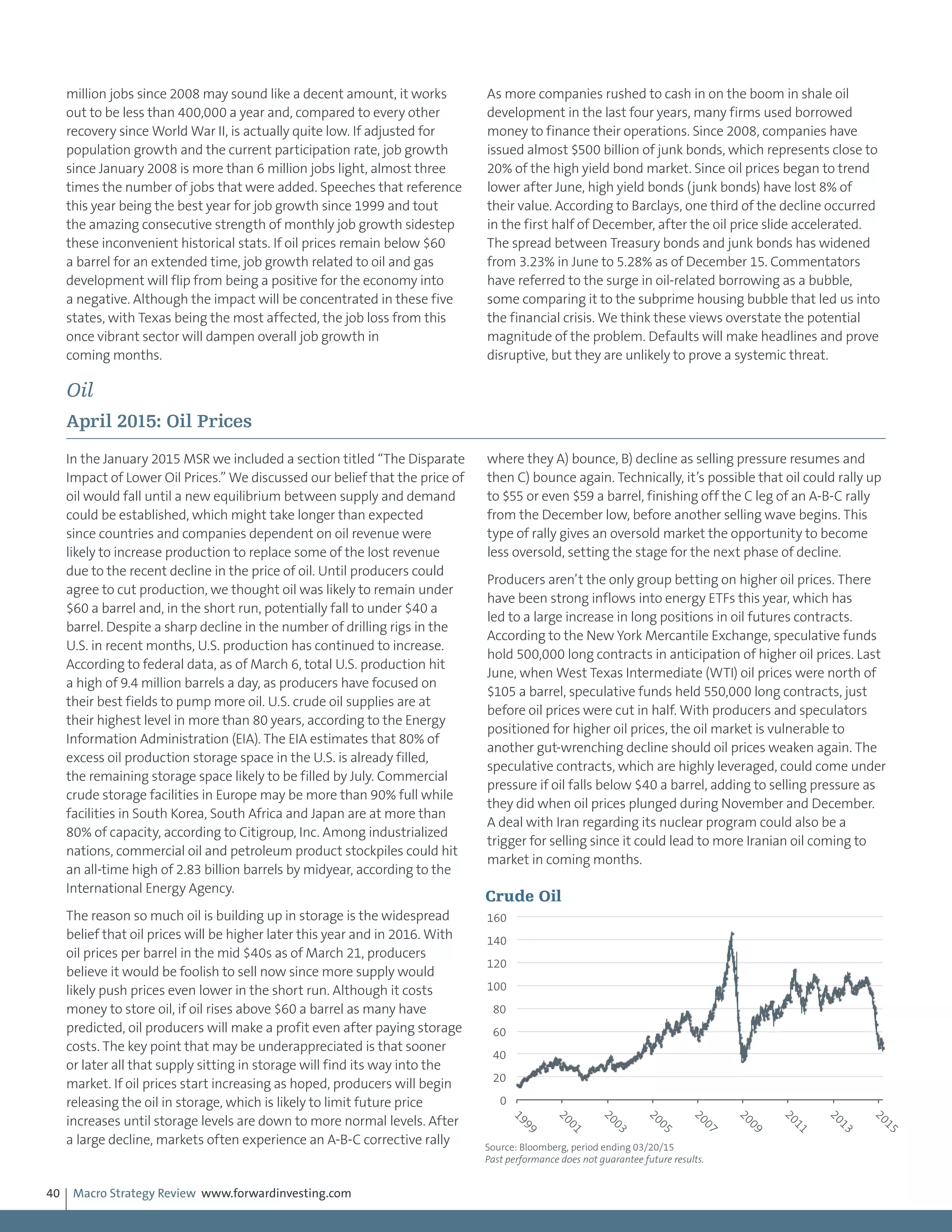 Macro Strategy Review www.forwardinvesting.com40
million jobs since 2008 may sound like a decent amount, it works
out to be less than 400,000 a year and, compared to every other
recovery since World War II, is actually quite low. If adjusted for
population growth and the current participation rate, job growth
since January 2008 is more than 6 million jobs light, almost three
times the number of jobs that were added. Speeches that reference
this year being the best year for job growth since 1999 and tout
the amazing consecutive strength of monthly job growth sidestep
these inconvenient historical stats. If oil prices remain below $60
a barrel for an extended time, job growth related to oil and gas
development will flip from being a positive for the economy into
a negative. Although the impact will be concentrated in these five
states, with Texas being the most affected, the job loss from this
once vibrant sector will dampen overall job growth in
coming months.
As more companies rushed to cash in on the boom in shale oil
development in the last four years, many firms used borrowed
money to finance their operations. Since 2008, companies have
issued almost $500 billion of junk bonds, which represents close to
20% of the high yield bond market. Since oil prices began to trend
lower after June, high yield bonds (junk bonds) have lost 8% of
their value. According to Barclays, one third of the decline occurred
in the first half of December, after the oil price slide accelerated.
The spread between Treasury bonds and junk bonds has widened
from 3.23% in June to 5.28% as of December 15. Commentators
have referred to the surge in oil-related borrowing as a bubble,
some comparing it to the subprime housing bubble that led us into
the financial crisis. We think these views overstate the potential
magnitude of the problem. Defaults will make headlines and prove
disruptive, but they are unlikely to prove a systemic threat.
Oil
April 2015: Oil Prices
In the January 2015 MSR we included a section titled “The Disparate
Impact of Lower Oil Prices.” We discussed our belief that the price of
oil would fall until a new equilibrium between supply and demand
could be established, which might take longer than expected
since countries and companies dependent on oil revenue were
likely to increase production to replace some of the lost revenue
due to the recent decline in the price of oil. Until producers could
agree to cut production, we thought oil was likely to remain under
$60 a barrel and, in the short run, potentially fall to under $40 a
barrel. Despite a sharp decline in the number of drilling rigs in the
U.S. in recent months, U.S. production has continued to increase.
According to federal data, as of March 6, total U.S. production hit
a high of 9.4 million barrels a day, as producers have focused on
their best fields to pump more oil. U.S. crude oil supplies are at
their highest level in more than 80 years, according to the Energy
Information Administration (EIA). The EIA estimates that 80% of
excess oil production storage space in the U.S. is already filled,
the remaining storage space likely to be filled by July. Commercial
crude storage facilities in Europe may be more than 90% full while
facilities in South Korea, South Africa and Japan are at more than
80% of capacity, according to Citigroup, Inc. Among industrialized
nations, commercial oil and petroleum product stockpiles could hit
an all-time high of 2.83 billion barrels by midyear, according to the
International Energy Agency.
The reason so much oil is building up in storage is the widespread
belief that oil prices will be higher later this year and in 2016. With
oil prices per barrel in the mid $40s as of March 21, producers
believe it would be foolish to sell now since more supply would
likely push prices even lower in the short run. Although it costs
money to store oil, if oil rises above $60 a barrel as many have
predicted, oil producers will make a profit even after paying storage
costs. The key point that may be underappreciated is that sooner
or later all that supply sitting in storage will find its way into the
market. If oil prices start increasing as hoped, producers will begin
releasing the oil in storage, which is likely to limit future price
increases until storage levels are down to more normal levels. After
a large decline, markets often experience an A-B-C corrective rally
where they A) bounce, B) decline as selling pressure resumes and
then C) bounce again. Technically, it’s possible that oil could rally up
to $55 or even $59 a barrel, finishing off the C leg of an A-B-C rally
from the December low, before another selling wave begins. This
type of rally gives an oversold market the opportunity to become
less oversold, setting the stage for the next phase of decline.
Producers aren’t the only group betting on higher oil prices. There
have been strong inflows into energy ETFs this year, which has
led to a large increase in long positions in oil futures contracts.
According to the New York Mercantile Exchange, speculative funds
hold 500,000 long contracts in anticipation of higher oil prices. Last
June, when West Texas Intermediate (WTI) oil prices were north of
$105 a barrel, speculative funds held 550,000 long contracts, just
before oil prices were cut in half. With producers and speculators
positioned for higher oil prices, the oil market is vulnerable to
another gut-wrenching decline should oil prices weaken again. The
speculative contracts, which are highly leveraged, could come under
pressure if oil falls below $40 a barrel, adding to selling pressure as
they did when oil prices plunged during November and December.
A deal with Iran regarding its nuclear program could also be a
trigger for selling since it could lead to more Iranian oil coming to
market in coming months.
0
20
40
60
80
100
120
140
160
1999
2001
2003
2005
2007
2009
2011
2013
2015
Crude Oil
Source: Bloomberg, period ending 03/20/15
Past performance does not guarantee future results.
 