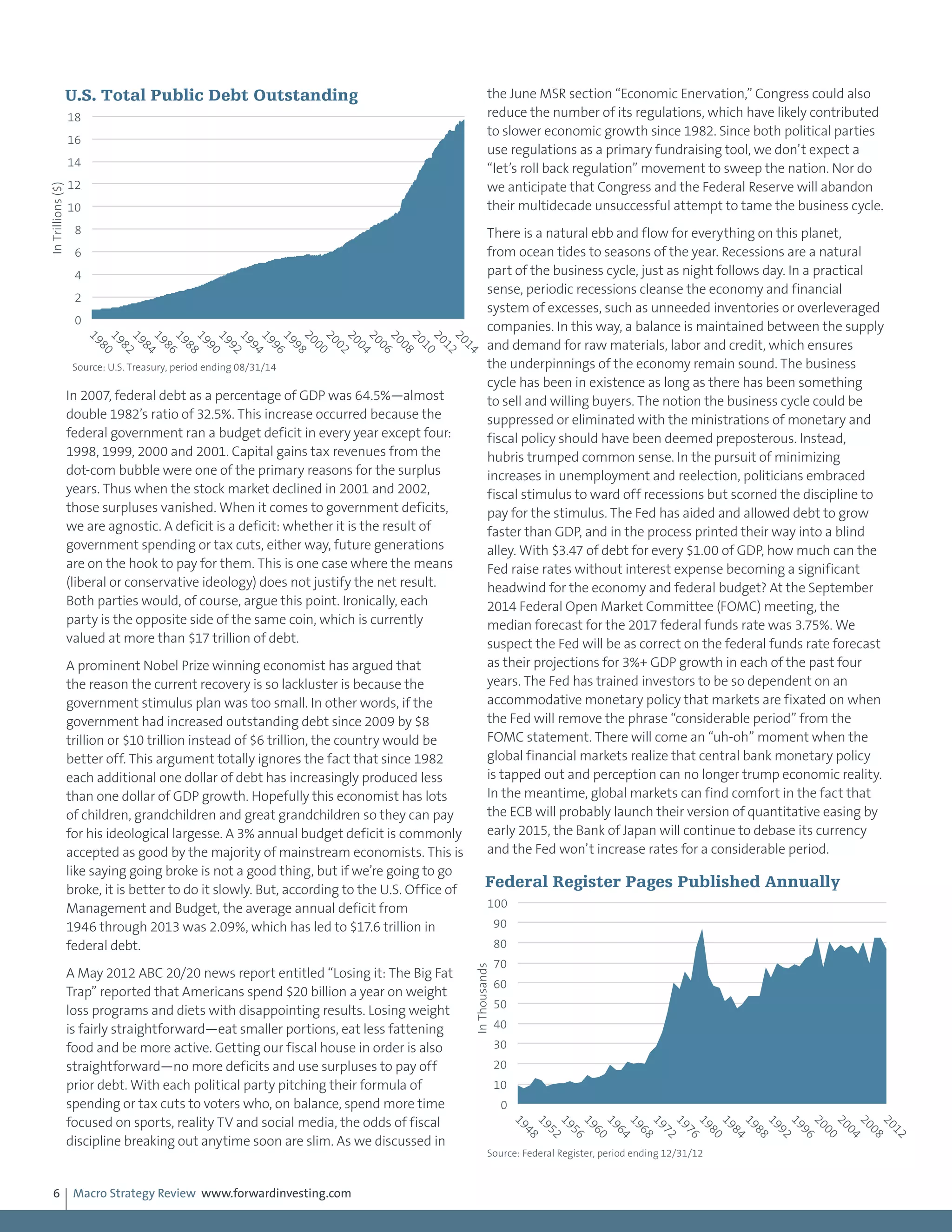 Macro Strategy Review www.forwardinvesting.com6
In 2007, federal debt as a percentage of GDP was 64.5%—almost
double 1982’s ratio of 32.5%. This increase occurred because the
federal government ran a budget deficit in every year except four:
1998, 1999, 2000 and 2001. Capital gains tax revenues from the
dot-com bubble were one of the primary reasons for the surplus
years. Thus when the stock market declined in 2001 and 2002,
those surpluses vanished. When it comes to government deficits,
we are agnostic. A deficit is a deficit: whether it is the result of
government spending or tax cuts, either way, future generations
are on the hook to pay for them. This is one case where the means
(liberal or conservative ideology) does not justify the net result.
Both parties would, of course, argue this point. Ironically, each
party is the opposite side of the same coin, which is currently
valued at more than $17 trillion of debt.
A prominent Nobel Prize winning economist has argued that
the reason the current recovery is so lackluster is because the
government stimulus plan was too small. In other words, if the
government had increased outstanding debt since 2009 by $8
trillion or $10 trillion instead of $6 trillion, the country would be
better off. This argument totally ignores the fact that since 1982
each additional one dollar of debt has increasingly produced less
than one dollar of GDP growth. Hopefully this economist has lots
of children, grandchildren and great grandchildren so they can pay
for his ideological largesse. A 3% annual budget deficit is commonly
accepted as good by the majority of mainstream economists. This is
like saying going broke is not a good thing, but if we’re going to go
broke, it is better to do it slowly. But, according to the U.S. Office of
Management and Budget, the average annual deficit from
1946 through 2013 was 2.09%, which has led to $17.6 trillion in
federal debt.
A May 2012 ABC 20/20 news report entitled “Losing it: The Big Fat
Trap” reported that Americans spend $20 billion a year on weight
loss programs and diets with disappointing results. Losing weight
is fairly straightforward—eat smaller portions, eat less fattening
food and be more active. Getting our fiscal house in order is also
straightforward—no more deficits and use surpluses to pay off
prior debt. With each political party pitching their formula of
spending or tax cuts to voters who, on balance, spend more time
focused on sports, reality TV and social media, the odds of fiscal
discipline breaking out anytime soon are slim. As we discussed in
the June MSR section “Economic Enervation,” Congress could also
reduce the number of its regulations, which have likely contributed
to slower economic growth since 1982. Since both political parties
use regulations as a primary fundraising tool, we don’t expect a
“let’s roll back regulation” movement to sweep the nation. Nor do
we anticipate that Congress and the Federal Reserve will abandon
their multidecade unsuccessful attempt to tame the business cycle.
There is a natural ebb and flow for everything on this planet,
from ocean tides to seasons of the year. Recessions are a natural
part of the business cycle, just as night follows day. In a practical
sense, periodic recessions cleanse the economy and financial
system of excesses, such as unneeded inventories or overleveraged
companies. In this way, a balance is maintained between the supply
and demand for raw materials, labor and credit, which ensures
the underpinnings of the economy remain sound. The business
cycle has been in existence as long as there has been something
to sell and willing buyers. The notion the business cycle could be
suppressed or eliminated with the ministrations of monetary and
fiscal policy should have been deemed preposterous. Instead,
hubris trumped common sense. In the pursuit of minimizing
increases in unemployment and reelection, politicians embraced
fiscal stimulus to ward off recessions but scorned the discipline to
pay for the stimulus. The Fed has aided and allowed debt to grow
faster than GDP, and in the process printed their way into a blind
alley. With $3.47 of debt for every $1.00 of GDP, how much can the
Fed raise rates without interest expense becoming a significant
headwind for the economy and federal budget? At the September
2014 Federal Open Market Committee (FOMC) meeting, the
median forecast for the 2017 federal funds rate was 3.75%. We
suspect the Fed will be as correct on the federal funds rate forecast
as their projections for 3%+ GDP growth in each of the past four
years. The Fed has trained investors to be so dependent on an
accommodative monetary policy that markets are fixated on when
the Fed will remove the phrase “considerable period” from the
FOMC statement. There will come an “uh-oh” moment when the
global financial markets realize that central bank monetary policy
is tapped out and perception can no longer trump economic reality.
In the meantime, global markets can find comfort in the fact that
the ECB will probably launch their version of quantitative easing by
early 2015, the Bank of Japan will continue to debase its currency
and the Fed won’t increase rates for a considerable period.
0
10
20
30
40
50
60
70
80
90
100
1948
1952
1956
1960
1964
1968
1972
1976
1980
1984
1988
1992
1996
2000
2004
2008
2012
InThousands
Federal Register Pages Published Annually
Source: Federal Register, period ending 12/31/12
0
2
4
6
8
10
12
14
16
18
1980
1982
1984
1986
1988
1990
1992
1994
1996
1998
2000
2002
2004
2006
2008
2010
2012
2014
InTrillions($)
U.S. Total Public Debt Outstanding
Source: U.S. Treasury, period ending 08/31/14
 