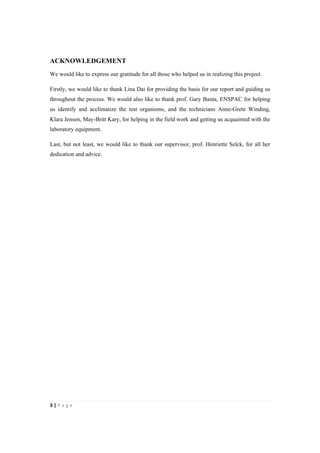 3"|"P a g e "
%
ACKNOWLEDGEMENT
We would like to express our gratitude for all those who helped us in realizing this project.
Firstly, we would like to thank Lina Dai for providing the basis for our report and guiding us
throughout the process. We would also like to thank prof. Gary Banta, ENSPAC for helping
us identify and acclimatize the test organisms, and the technicians Anne-Grete Winding,
Klara Jensen, May-Britt Kary, for helping in the field work and getting us acquainted with the
laboratory equipment.
Last, but not least, we would like to thank our supervisor, prof. Henriette Selck, for all her
dedication and advice.
 