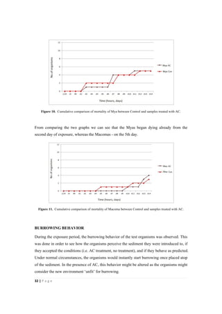 32"|"P a g e "
%
Figure 10. Cumulative comparison of mortality of Mya between Control and samples treated with AC.
From comparing the two graphs we can see that the Myas began dying already from the
second day of exposure, whereas the Macomas - on the 5th day.
Figure 11. Cumulative comparison of mortality of Macoma between Control and samples treated with AC.
BURROWING BEHAVIOR
During the exposure period, the burrowing behavior of the test organisms was observed. This
was done in order to see how the organisms perceive the sediment they were introduced to, if
they accepted the conditions (i.e. AC treatment, no treatment), and if they behave as predicted.
Under normal circumstances, the organisms would instantly start burrowing once placed atop
of the sediment. In the presence of AC, this behavior might be altered as the organisms might
consider the new environment ‘unfit’ for burrowing.
 