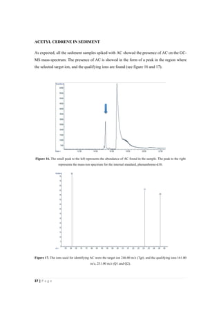 37"|"P a g e "
%
ACETYL CEDRENE IN SEDIMENT
As expected, all the sediment samples spiked with AC showed the presence of AC on the GC-
MS mass-spectrum. The presence of AC is showed in the form of a peak in the region where
the selected target ion, and the qualifying ions are found (see figure 16 and 17).
Figure 16. The small peak to the left represents the abundance of AC found in the sample. The peak to the right
represents the mass-ion spectrum for the internal standard, phenanthrene-d10.
Figure 17. The ions used for identifying AC were the target ion 246.00 m/z (Tgt), and the qualifying ions 161.00
m/z, 231.00 m/z (Q1 and Q2).
 