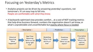 • Analytics projects can be driven by answering yesterday's questions, not
tomorrow's. It's an easy trap to fall into.
Peo...
