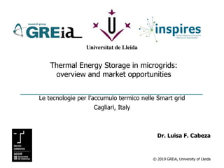 © 2019 GREiA, University of Lleida
Thermal Energy Storage in microgrids:
overview and market opportunities
Le tecnologie per l'accumulo termico nelle Smart grid
Cagliari, Italy
Dr. Luisa F. Cabeza
 
