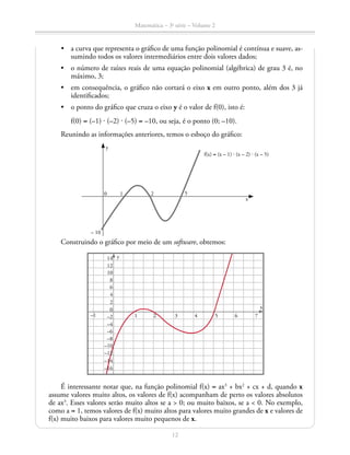 Matemática – 3a
série – Volume 2
12
•	 a curva que representa o gráfico de uma função polinomial é contínua e suave, as-
sumindo todos os valores intermediários entre dois valores dados;
•	 o número de raízes reais de uma equação polinomial (algébrica) de grau 3 é, no
máximo, 3;
•	 em consequência, o gráfico não cortará o eixo x em outro ponto, além dos 3 já
identificados;
•	 o ponto do gráfico que cruza o eixo y é o valor de f(0), isto é:
	f(0) = (–1) ⋅ (–2) ⋅ (–5) = –10, ou seja, é o ponto (0; –10).
Reunindo as informações anteriores, temos o esboço do gráfico:
f(x) = (x – 1) ⋅ (x – 2) ⋅ (x – 5)
0
– 10
y
1 2 5
x
Construindo o gráfico por meio de um software, obtemos:
–14
2
–10
6
–6
10
–2
14 y
–1 1 2 3 54 6 7
x
–16
0
–12
4
–8
8
–4
12
É interessante notar que, na função polinomial f(x) = ax3
+ bx2
+ cx + d, quando x
assume valores muito altos, os valores de f(x) acompanham de perto os valores absolutos
de ax3
. Esses valores serão muito altos se a  0; ou muito baixos, se a  0. No exemplo,
como a = 1, temos valores de f(x) muito altos para valores muito grandes de x e valores de
f(x) muito baixos para valores muito pequenos de x.
 