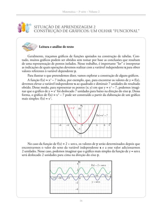 Matemática – 3a
série – Volume 2
16
SITUAÇÃO DE APRENDIZAGEM 2
CONSTRUÇÃO DE GRÁFICOS: UM OLHAR “FUNCIONAL”
Leitura e análise de texto
Geralmente, traçamos gráficos de funções apoiados na construção de tabelas. Con-
tudo, muitos gráficos podem ser obtidos sem tomar por base as conclusões que resultam
de uma representação de pontos isolados. Nesse trabalho, é importante “ler” e interpretar
as indicações de quais operações devemos realizar com a variável independente x para obter
valores referentes à variável dependente y.
Para ilustrar o que pretendemos dizer, vamos explorar a construção de alguns gráficos.
A função f(x) = x2
– 7 indica, por exemplo, que, para encontrar os valores de y = f(x),
devemos elevar a variável independente x ao quadrado e diminuir 7 unidades do resultado
obtido. Desse modo, para representar os pontos (x; y) em que y = x2
– 7, podemos imagi-
nar que o gráfico de y = x2
foi deslocado 7 unidades para baixo na direção do eixo y. Dessa
forma, o gráfico de f(x) = x2
– 7 pode ser construído a partir da elaboração de um gráfico
mais simples: f(x) = x2
.
0
5
10
−5
−2−4−6 642
y
x
f(x) = x2
– 7
y = x2
No caso da função de f(x) = 2 + sen x, os valores de y serão determinados depois que
encon­trarmos o valor do seno da variável independente x e a esse valor adicionarmos
2 unidades. Nesse caso, podemos imaginar que o gráfico mais simples da função de y = sen x
será deslocado 2 unidades para cima na direção do eixo y.
0
y
−5−10−15
5 10 15
2
4
−2
−4
y = sen x
f(x) = 2 + sen x
x
−7
 