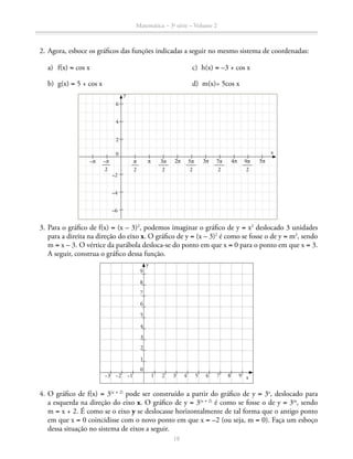 Matemática – 3a
série – Volume 2
18
	 2.	Agora, esboce os gráficos das funções indicadas a seguir no mesmo sistema de coordenadas:
a)	f(x) = cos x					 c) h(x) = –3 + cos x
b)	g(x) = 5 + cos x					 d) m(x)= 5cos x
	 3.	Para o gráfico de f(x) = (x – 3)2
, podemos imaginar o gráfico de y = x2
deslocado 3 unidades
para a direita na direção do eixo x. O gráfico de y = (x – 3)2
é como se fosse o de y = m2
, sendo
m = x – 3. O vértice da parábola desloca-se do ponto em que x = 0 para o ponto em que x = 3.
A seguir, construa o gráfico dessa função.
2
1
4
3
6
5
7
0
x
y
−3 −2 −1 1 2 3 4 5 6 7
8
9
8 9
	 4.	O gráfico de f(x) = 3(x + 2)
pode ser construído a partir do gráfico de y = 3x
, deslocado para
a esquerda na direção do eixo x. O gráfico de y = 3(x + 2)
é como se fosse o de y = 3m
, sendo
m = x + 2. É como se o eixo y se deslocasse horizontalmente de tal forma que o antigo ponto
em que x = 0 coincidisse com o novo ponto em que x = –2 (ou seja, m = 0). Faça um esboço
dessa situação no sistema de eixos a seguir.
6
–2
4
–4
2
π
y
x0
–6
π
2
3π
2
5π
2
7π
2
9π
2
2π 3π 4π 5π–π –π
2
 