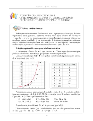 Matemática – 3a
série – Volume 2
40
SITUAÇÃO DE APRENDIZAGEM 4
OS FENÔMENOS NATURAIS E O CRESCIMENTO OU
DECRESCIMENTO EXPONENCIAL: O NÚMERO ℮
Leitura e análise de texto
As funções são instrumentos fundamentais para a representação das relações de inter­
dependência entre grandezas, conforme estamos vendo neste volume. As funções de
1o
grau f(x) = ax + b, por exemplo, prestam-se muito bem para representar relações que
envolvem proporcionalidade. Já na representação de fenômenos periódicos, utilizamos
funções trigonométricas como f(x) = sen x ou f(x) = cos x e, para expressar crescimento ou
decrescimento exponenciais, entram em cena as funções na forma f(x) = ax
.
A função exponencial – uma propriedade característica
Já conhecemos a função f(x) = ax
, com a  0 e a ≠ 1. Vamos agora destacar uma pro-
priedade característica dessa função que pode ter passado despercebida.
Consideremos a função f(x) = 2x
e seu gráfico. Calculemos f(x) para os valores inteiros
de x, começando com x = 0.
f(x) = 2x
0 1 3 5−2 2
2
6
10
14
18
22
26
30
4
8
8
12
16
16
20
24
28
32
4 6−1
y
x
2
4
1
	
x 2x
f(x + 1) – f(x)
0 1 1
1 2 2
2 4 4
3 8 8
4 16 16
5 32 32
6 64 64
7 128 ...
Notamos que quando x aumenta em 1 unidade, a partir de x = 0, a variação em f(x) é
igual, sucessivamente, a 1, 2, 4, 8, 16, 32, 64, ..., ou seja, a taxa de variação unitária, que
é igual a f(x + 1) – f(x), é igual ao valor de f(x):
	 f(1) – f(0) = f(0)	 f(3) – f(2) = f(2)	 f(5) – f(4) = f(4)
	 f(2) – f(1) = f(1) 	 f(4) – f(3) = f(3)	 e assim por diante.
A taxa de variação unitária de f(x) = 2x
é, portanto, igual a f(x).
Chamaremos essa taxa de f1
(x). Calculando f1
(x) para um valor qualquer de x, temos,
de fato: f1
(x) = f(x + 1) – f(x) = 2x + 1
– 2x
= 2x
⋅ (2 – 1) = 2x
.
 