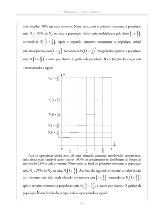Matemática – 3a
série – Volume 2
44
mais simples: 50% em cada semestre. Nesse caso, após o primeiro semestre, a população
seria No
+ 50% de No
, ou seja, a população inicial seria multiplicada pelo fator ​ª 1 + ​ 1 __ 
2
 ​ º​,
tornando-se No 
​ª 1 + ​ 1 __ 
2
 ​ º​. Após o segundo semestre, novamente a população inicial
seria multiplicada por ​ª 1 + ​ 1 __ 
2
 ​ º​, tornando-se No 
​ª 1 + ​ 1 __ 
2
 ​ º​
2
. No período seguinte, a população
seria No 
​ª 1 + ​ 1 __ 
2
 ​ º​
3
, e assim por diante. O gráfico da população N em função do tempo seria
o representado a seguir:
No
​ª 1 + ​ 1 __ 
2
 ​ º​
5
N
t
3210
No
No
​ª 1 + ​ 1 __ 
2
 ​ º​
4
No
​ª 1 + ​ 1 __ 
2
 ​ º​3
No
​ª 1 + ​ 1 __ 
2
 ​ º​
2
No
​ª 1 + ​ 1 __ 
2
 ​ º​
​ 1 __ 
2
 ​ ​ 3 __ 
2
 ​ ​ 5 __ 
2
 ​
Para se aproximar ainda mais de uma situação concreta envolvendo crescimento,
seria ainda mais razoável supor que os 100% de crescimento se distribuam ao longo do
ano, sendo 25% a cada trimestre. Nesse caso, ao final do primeiro trimestre, a população
seria No
+ 25% de No
, ou seja, No 
​ª 1 + ​ 1 __ 
4
 ​ º​. Ao final do segundo trimestre, o valor inicial
do trimestre terá sido multiplicado novamente por ​ª 1 + ​ 1 __ 
4
 ​ º​, tornando-se No 
​ª 1 + ​ 1 __ 
4
 ​ º​
2
;
após o terceiro trimestre, a população seria No 
​ª 1 + ​ 1 __ 
4
 ​ º​
3
, e assim por diante. O gráfico da
população N em função do tempo seria o representado a seguir:
 