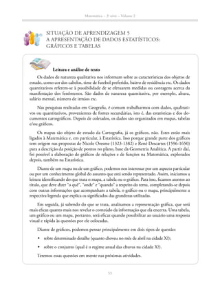55
Matemática – 3a
série – Volume 2
SITUAÇÃO DE APRENDIZAGEM 5
A APRESENTAÇÃO DE DADOS ESTATÍSTICOS:
GRÁFICOS E TABELAS
!
?
Leitura e análise de texto
Os dados de natureza qualitativa nos informam sobre as características dos objetos de
estudo, como cor dos cabelos, time de futebol preferido, bairro de residência etc. Os dados
quantitativos referem-se à possibilidade de se efetuarem medidas ou contagens acerca da
manifestação dos fenômenos. São dados de natureza quantitativa, por exemplo, altura,
salário mensal, número de irmãos etc.
Nas pesquisas realizadas em Geografia, é comum trabalharmos com dados, qualitati-
vos ou quantitativos, provenientes de fontes secundárias, isto é, das estatísticas e dos do-
cumentos cartográficos. Depois de coletados, os dados são organizados em mapas, tabelas
e/ou gráficos.
Os mapas são objeto de estudo da Cartografia, já os gráficos, não. Estes estão mais
ligados à Matemática e, em particular, à Estatística. Isso porque grande parte dos gráficos
tem origem nas propostas de Nicole Oresme (1323-1382) e René Descartes (1596-1650)
para a descrição da posição de pontos no plano, base da Geometria Analítica. A partir daí,
foi possível a elaboração de gráficos de relações e de funções na Matemática, explorados
depois, também na Estatística.
Diante de um mapa ou de um gráfico, podemos nos interessar por um aspecto particular
ou por um conhecimento global do assunto que está sendo representado. Assim, iniciamos a
leitura identificando do que trata o mapa, a tabela ou o gráfico. Para isso, ficamos atentos ao
título, que deve dizer “o quê”, “onde” e “quando” a respeito do tema, completando-se depois
com outras informações que acompanham a tabela, o gráfico ou o mapa, principalmente a
respectiva legenda que explica os significados das grandezas utilizadas.
Em seguida, já sabendo do que se trata, analisamos a representação gráfica, que será
mais eficaz quanto mais nos revelar o conteúdo da informação que ela encerra. Uma tabela,
um gráfico ou um mapa, portanto, será eficaz quando possibilitar ao usuário uma resposta
visual e rápida às questões por ele colocadas.
Diante de gráficos, podemos pensar principalmente em dois tipos de questão:
	 •	 sobre determinado detalhe (quanto choveu no mês de abril na cidade X?);
	 •	 sobre o conjunto (qual é o regime anual das chuvas na cidade X?).
Teremos essas questões em mente nas próximas atividades.
 