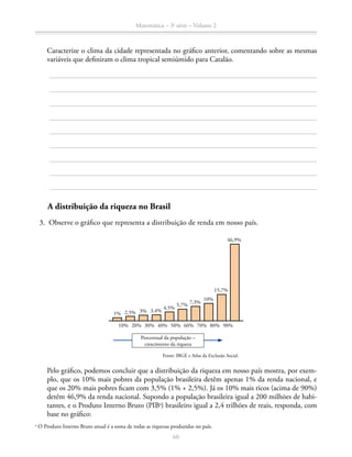 60
Matemática – 3a
série – Volume 2
	 Caracterize o clima da cidade representada no gráfico anterior, comentando sobre as mesmas
variáveis que definiram o clima tropical semiúmido para Catalão.
A distribuição da riqueza no Brasil
	3.	 Observe o gráfico que representa a distribuição de renda em nosso país.
Porcentual da população –
crescimento da riqueza
46,9%
15,7%
7,3%
5,7%
4,5%
3,4%2,5%
10% 50%30% 70%20% 60%40% 80% 90%
1% 3%
10%
Fonte: IBGE e Atlas da Exclusão Social.
	 Pelo gráfico, podemos concluir que a distribuição da riqueza em nosso país mostra, por exem-
plo, que os 10% mais pobres da população brasileira detêm apenas 1% da renda nacional, e
que os 20% mais pobres ficam com 3,5% (1% + 2,5%). Já os 10% mais ricos (acima de 90%)
detêm 46,9% da renda nacional. Supondo a população brasileira igual a 200 milhões de habi-
tantes, e o Produto Interno Bruto (PIBa
) brasileiro igual a 2,4 trilhões de reais, responda, com
base no gráfico:
a
O Produto Interno Bruto anual é a soma de todas as riquezas produzidas no país.
 