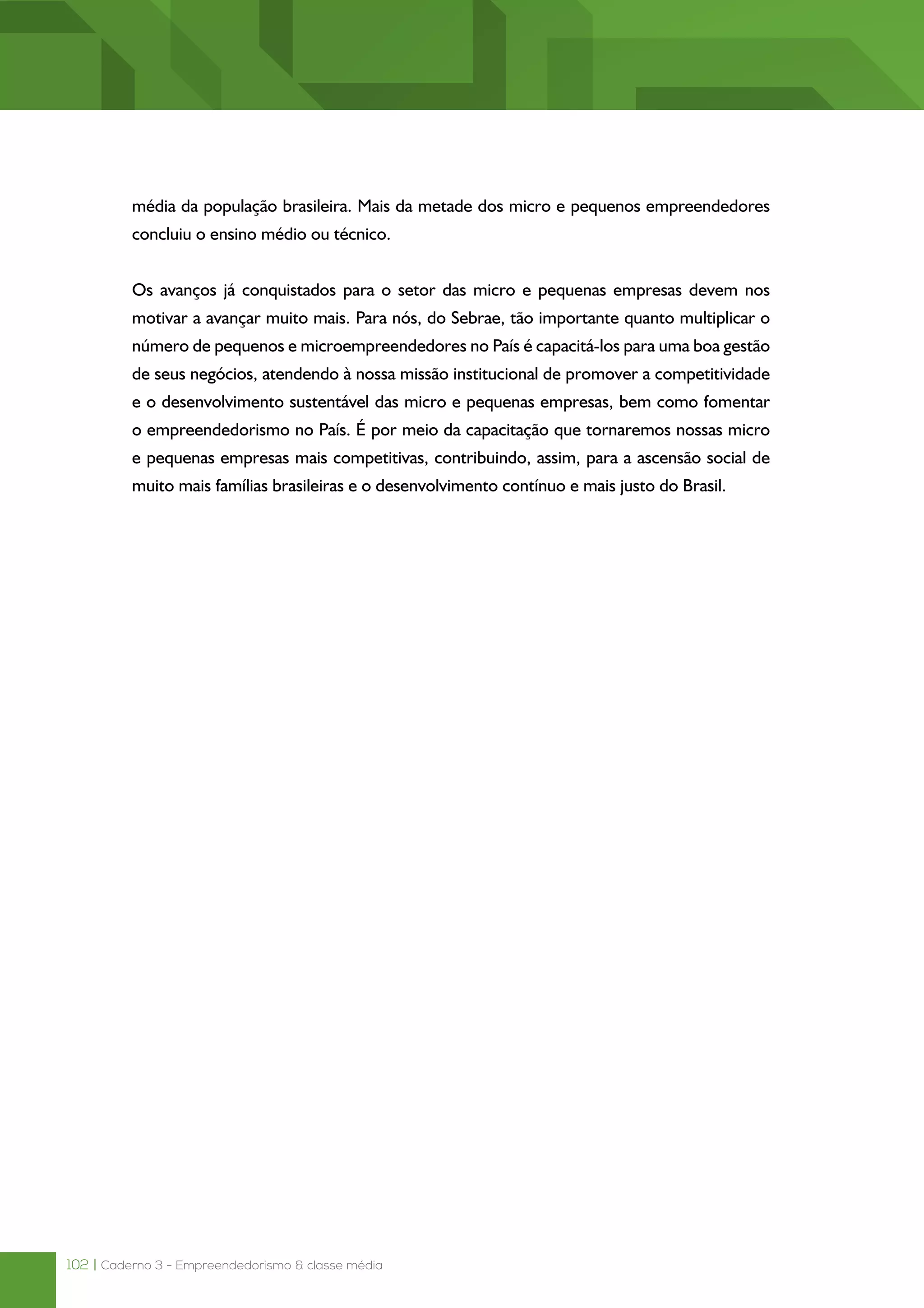 102 | Caderno 3 - Empreendedorismo & classe média
média da população brasileira. Mais da metade dos micro e pequenos empreendedores
concluiu o ensino médio ou técnico.
Os avanços já conquistados para o setor das micro e pequenas empresas devem nos
motivar a avançar muito mais. Para nós, do Sebrae, tão importante quanto multiplicar o
número de pequenos e microempreendedores no País é capacitá-los para uma boa gestão
de seus negócios, atendendo à nossa missão institucional de promover a competitividade
e o desenvolvimento sustentável das micro e pequenas empresas, bem como fomentar
o empreendedorismo no País. É por meio da capacitação que tornaremos nossas micro
e pequenas empresas mais competitivas, contribuindo, assim, para a ascensão social de
muito mais famílias brasileiras e o desenvolvimento contínuo e mais justo do Brasil.
 