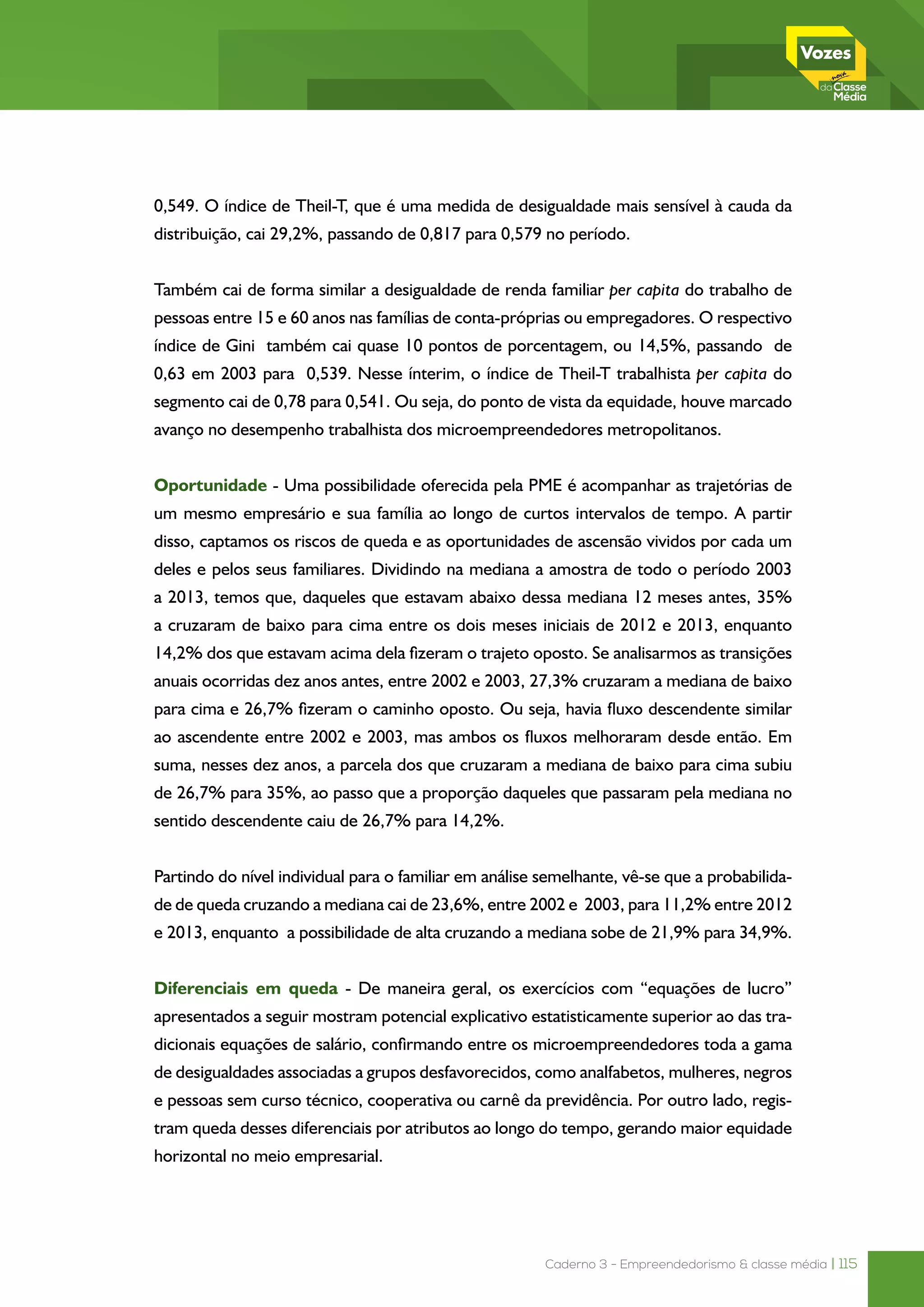 Caderno 3 - Empreendedorismo & classe média | 115
0,549. O índice de Theil-T, que é uma medida de desigualdade mais sensível à cauda da
distribuição, cai 29,2%, passando de 0,817 para 0,579 no período.
Também cai de forma similar a desigualdade de renda familiar per capita do trabalho de
pessoas entre 15 e 60 anos nas famílias de conta-próprias ou empregadores. O respectivo
índice de Gini  também cai quase 10 pontos de porcentagem, ou 14,5%, passando  de
0,63 em 2003 para  0,539. Nesse ínterim, o índice de Theil-T trabalhista per capita do
segmento cai de 0,78 para 0,541. Ou seja, do ponto de vista da equidade, houve marcado
avanço no desempenho trabalhista dos microempreendedores metropolitanos.
Oportunidade - Uma possibilidade oferecida pela PME é acompanhar as trajetórias de
um mesmo empresário e sua família ao longo de curtos intervalos de tempo. A partir
disso, captamos os riscos de queda e as oportunidades de ascensão vividos por cada um
deles e pelos seus familiares. Dividindo na mediana a amostra de todo o período 2003
a 2013, temos que, daqueles que estavam abaixo dessa mediana 12 meses antes, 35%
a cruzaram de baixo para cima entre os dois meses iniciais de 2012 e 2013, enquanto
14,2% dos que estavam acima dela fizeram o trajeto oposto. Se analisarmos as transições
anuais ocorridas dez anos antes, entre 2002 e 2003, 27,3% cruzaram a mediana de baixo
para cima e 26,7% fizeram o caminho oposto. Ou seja, havia fluxo descendente similar
ao ascendente entre 2002 e 2003, mas ambos os fluxos melhoraram desde então. Em
suma, nesses dez anos, a parcela dos que cruzaram a mediana de baixo para cima subiu
de 26,7% para 35%, ao passo que a proporção daqueles que passaram pela mediana no
sentido descendente caiu de 26,7% para 14,2%.
Partindo do nível individual para o familiar em análise semelhante, vê-se que a probabilida-
de de queda cruzando a mediana cai de 23,6%, entre 2002 e  2003, para 11,2% entre 2012
e 2013, enquanto  a possibilidade de alta cruzando a mediana sobe de 21,9% para 34,9%. 
Diferenciais em queda - De maneira geral, os exercícios com “equações de lucro”
apresentados a seguir mostram potencial explicativo estatisticamente superior ao das tra-
dicionais equações de salário, confirmando entre os microempreendedores toda a gama
de desigualdades associadas a grupos desfavorecidos, como analfabetos, mulheres, negros
e pessoas sem curso técnico, cooperativa ou carnê da previdência. Por outro lado, regis-
tram queda desses diferenciais por atributos ao longo do tempo, gerando maior equidade
horizontal no meio empresarial.
 