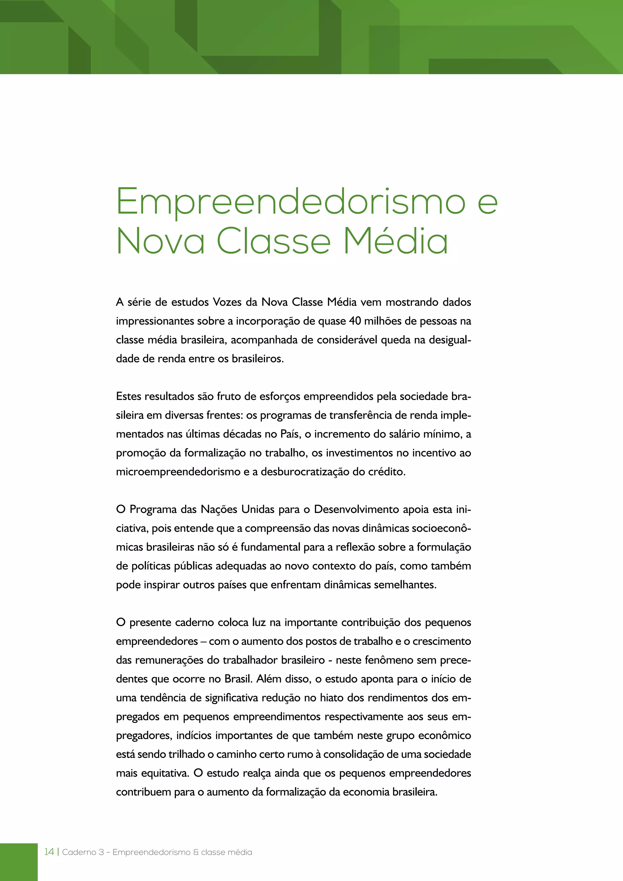 14 | Caderno 3 - Empreendedorismo & classe média
Empreendedorismo e
Nova Classe Média
A série de estudos Vozes da Nova Classe Média vem mostrando dados
impressionantes sobre a incorporação de quase 40 milhões de pessoas na
classe média brasileira, acompanhada de considerável queda na desigual-
dade de renda entre os brasileiros.
Estes resultados são fruto de esforços empreendidos pela sociedade bra-
sileira em diversas frentes: os programas de transferência de renda imple-
mentados nas últimas décadas no País, o incremento do salário mínimo, a
promoção da formalização no trabalho, os investimentos no incentivo ao
microempreendedorismo e a desburocratização do crédito.
O Programa das Nações Unidas para o Desenvolvimento apoia esta ini-
ciativa, pois entende que a compreensão das novas dinâmicas socioeconô-
micas brasileiras não só é fundamental para a reflexão sobre a formulação
de políticas públicas adequadas ao novo contexto do país, como também
pode inspirar outros países que enfrentam dinâmicas semelhantes.
O presente caderno coloca luz na importante contribuição dos pequenos
empreendedores – com o aumento dos postos de trabalho e o crescimento
das remunerações do trabalhador brasileiro - neste fenômeno sem prece-
dentes que ocorre no Brasil. Além disso, o estudo aponta para o início de
uma tendência de significativa redução no hiato dos rendimentos dos em-
pregados em pequenos empreendimentos respectivamente aos seus em-
pregadores, indícios importantes de que também neste grupo econômico
está sendo trilhado o caminho certo rumo à consolidação de uma sociedade
mais equitativa. O estudo realça ainda que os pequenos empreendedores
contribuem para o aumento da formalização da economia brasileira.
 
