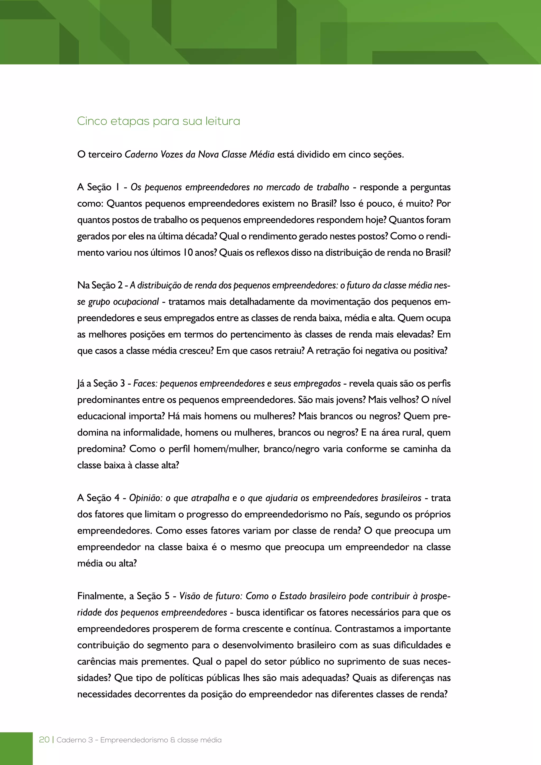 20 | Caderno 3 - Empreendedorismo & classe média
Cinco etapas para sua leitura
O terceiro Caderno Vozes da Nova Classe Média está dividido em cinco seções.
A Seção 1 - Os pequenos empreendedores no mercado de trabalho - responde a perguntas
como: Quantos pequenos empreendedores existem no Brasil? Isso é pouco, é muito? Por
quantos postos de trabalho os pequenos empreendedores respondem hoje? Quantos foram
gerados por eles na última década? Qual o rendimento gerado nestes postos? Como o rendi-
mento variou nos últimos 10 anos? Quais os reflexos disso na distribuição de renda no Brasil?
Na Seção 2 - A distribuição de renda dos pequenos empreendedores: o futuro da classe média nes-
se grupo ocupacional - tratamos mais detalhadamente da movimentação dos pequenos em-
preendedores e seus empregados entre as classes de renda baixa, média e alta. Quem ocupa
as melhores posições em termos do pertencimento às classes de renda mais elevadas? Em
que casos a classe média cresceu? Em que casos retraiu? A retração foi negativa ou positiva?
Já a Seção 3 - Faces: pequenos empreendedores e seus empregados - revela quais são os perfis
predominantes entre os pequenos empreendedores. São mais jovens? Mais velhos? O nível
educacional importa? Há mais homens ou mulheres? Mais brancos ou negros? Quem pre-
domina na informalidade, homens ou mulheres, brancos ou negros? E na área rural, quem
predomina? Como o perfil homem/mulher, branco/negro varia conforme se caminha da
classe baixa à classe alta?
A Seção 4 - Opinião: o que atrapalha e o que ajudaria os empreendedores brasileiros - trata
dos fatores que limitam o progresso do empreendedorismo no País, segundo os próprios
empreendedores. Como esses fatores variam por classe de renda? O que preocupa um
empreendedor na classe baixa é o mesmo que preocupa um empreendedor na classe
média ou alta?
Finalmente, a Seção 5 - Visão de futuro: Como o Estado brasileiro pode contribuir à prospe-
ridade dos pequenos empreendedores - busca identificar os fatores necessários para que os
empreendedores prosperem de forma crescente e contínua. Contrastamos a importante
contribuição do segmento para o desenvolvimento brasileiro com as suas dificuldades e
carências mais prementes. Qual o papel do setor público no suprimento de suas neces-
sidades? Que tipo de políticas públicas lhes são mais adequadas? Quais as diferenças nas
necessidades decorrentes da posição do empreendedor nas diferentes classes de renda?
 