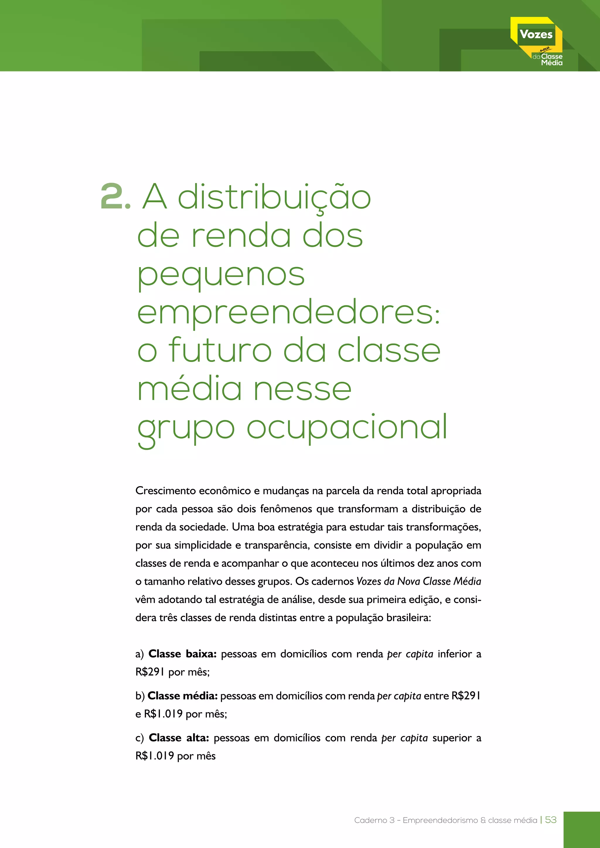 Caderno 3 - Empreendedorismo & classe média | 53
2. A distribuição
	 de renda dos
	pequenos
	empreendedores:
	 o futuro da classe
	 média nesse
	 grupo ocupacional
Crescimento econômico e mudanças na parcela da renda total apropriada
por cada pessoa são dois fenômenos que transformam a distribuição de
renda da sociedade. Uma boa estratégia para estudar tais transformações,
por sua simplicidade e transparência, consiste em dividir a população em
classes de renda e acompanhar o que aconteceu nos últimos dez anos com
o tamanho relativo desses grupos. Os cadernos Vozes da Nova Classe Média
vêm adotando tal estratégia de análise, desde sua primeira edição, e consi-
dera três classes de renda distintas entre a população brasileira:
a) Classe baixa: pessoas em domicílios com renda per capita inferior a
R$291 por mês;
b) Classe média: pessoas em domicílios com renda per capita entre R$291
e R$1.019 por mês;
c) Classe alta: pessoas em domicílios com renda per capita superior a
R$1.019 por mês
 