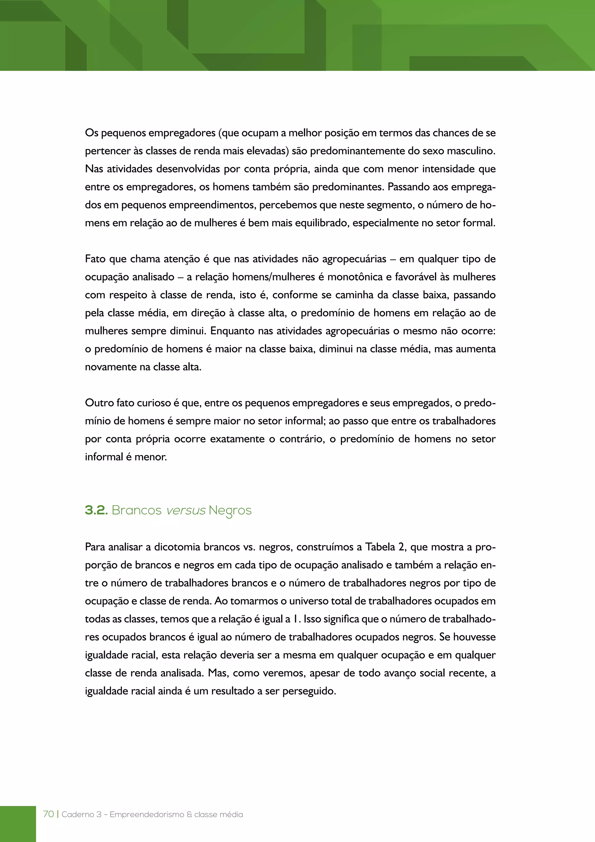 70 | Caderno 3 - Empreendedorismo & classe média
Os pequenos empregadores (que ocupam a melhor posição em termos das chances de se
pertencer às classes de renda mais elevadas) são predominantemente do sexo masculino.
Nas atividades desenvolvidas por conta própria, ainda que com menor intensidade que
entre os empregadores, os homens também são predominantes. Passando aos emprega-
dos em pequenos empreendimentos, percebemos que neste segmento, o número de ho-
mens em relação ao de mulheres é bem mais equilibrado, especialmente no setor formal.
Fato que chama atenção é que nas atividades não agropecuárias – em qualquer tipo de
ocupação analisado – a relação homens/mulheres é monotônica e favorável às mulheres
com respeito à classe de renda, isto é, conforme se caminha da classe baixa, passando
pela classe média, em direção à classe alta, o predomínio de homens em relação ao de
mulheres sempre diminui. Enquanto nas atividades agropecuárias o mesmo não ocorre:
o predomínio de homens é maior na classe baixa, diminui na classe média, mas aumenta
novamente na classe alta.
Outro fato curioso é que, entre os pequenos empregadores e seus empregados, o predo-
mínio de homens é sempre maior no setor informal; ao passo que entre os trabalhadores
por conta própria ocorre exatamente o contrário, o predomínio de homens no setor
informal é menor.
3.2. Brancos versus Negros
Para analisar a dicotomia brancos vs. negros, construímos a Tabela 2, que mostra a pro-
porção de brancos e negros em cada tipo de ocupação analisado e também a relação en-
tre o número de trabalhadores brancos e o número de trabalhadores negros por tipo de
ocupação e classe de renda. Ao tomarmos o universo total de trabalhadores ocupados em
todas as classes, temos que a relação é igual a 1. Isso significa que o número de trabalhado-
res ocupados brancos é igual ao número de trabalhadores ocupados negros. Se houvesse
igualdade racial, esta relação deveria ser a mesma em qualquer ocupação e em qualquer
classe de renda analisada. Mas, como veremos, apesar de todo avanço social recente, a
igualdade racial ainda é um resultado a ser perseguido.
 