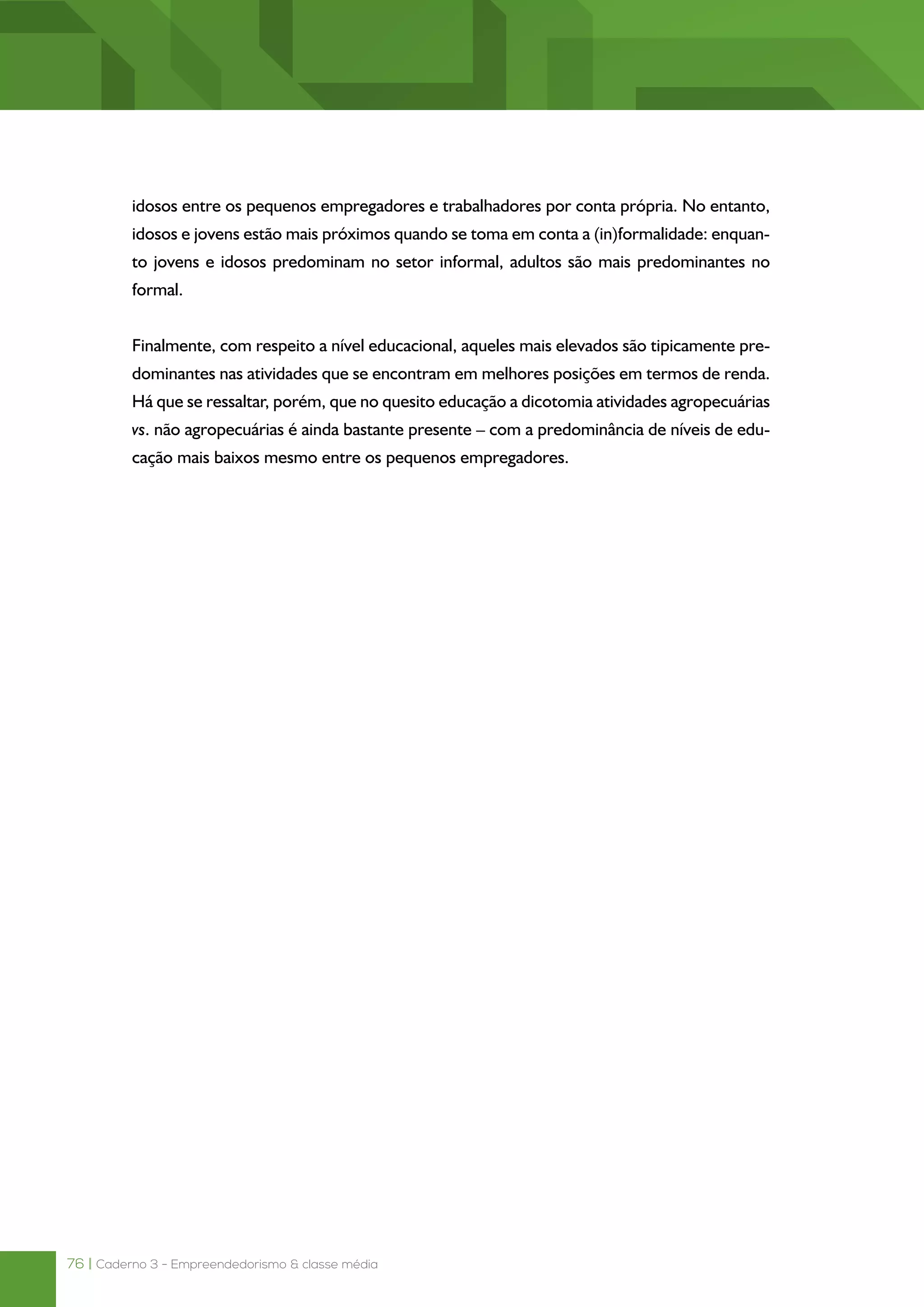 76 | Caderno 3 - Empreendedorismo & classe média
idosos entre os pequenos empregadores e trabalhadores por conta própria. No entanto,
idosos e jovens estão mais próximos quando se toma em conta a (in)formalidade: enquan-
to jovens e idosos predominam no setor informal, adultos são mais predominantes no
formal.
Finalmente, com respeito a nível educacional, aqueles mais elevados são tipicamente pre-
dominantes nas atividades que se encontram em melhores posições em termos de renda.
Há que se ressaltar, porém, que no quesito educação a dicotomia atividades agropecuárias
vs. não agropecuárias é ainda bastante presente – com a predominância de níveis de edu-
cação mais baixos mesmo entre os pequenos empregadores.
 