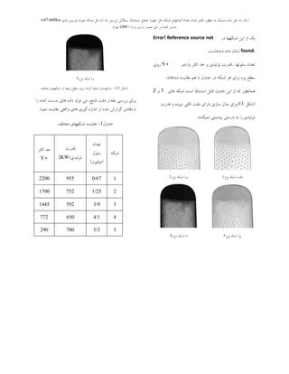 ‫ثبد‬ ‫تَرثیي‬ ‫سیبالتی‬ ‫دیٌبهیه‬ ‫تحلیل‬ ‫جْت‬ ‫حل‬ ِ‫ضجى‬ ‫الوبًْبی‬ ‫تؼذاد‬ ‫ضذى‬ ‫ووتز‬ ‫هٌظَر‬ ِ‫ث‬ ‫دیسه‬ ‫هذل‬ ‫حل‬ ُ‫را‬ ِ‫ارائ‬(‫ثبدی‬ ‫تَریجي‬ ًَِ‫ًو‬ ِ‫هسبل‬ ‫حل‬ ‫ثب‬v47-660kw)
‫ایزاى‬ ‫اًزصی‬ ‫اًجوي‬ ‫هلی‬ ‫وٌفزاًس‬ ‫دٍهیي‬–1394‫تْزاى‬
‫دس‬ ‫ؿجىْْب‬ ‫ایي‬ ‫اص‬ ‫یه‬Error! Reference source not
found.‫ؿذّبػت‬ ُ‫داد‬ ‫ًـبى‬.
‫پبساهتش‬ ‫اوثش‬ ‫حذ‬ ٍ ‫تَلیذی‬ ‫لذست‬ ، ‫ػلَلْب‬ ‫تؼذاد‬Y+‫سٍی‬
ُ‫پش‬ ‫ػغح‬‫ؿذّبًذ‬ ِ‫همبیؼ‬ ‫ّن‬ ‫ثب‬ ‫خذٍل‬ ‫دس‬ ِ‫ؿجى‬ ‫ّش‬ ‫ثشای‬.
‫ّبی‬ ِ‫ؿجى‬ ‫اػت‬ ‫اػتٌجبط‬ ‫لبثل‬ ‫خذٍل‬ ‫ایي‬ ‫اص‬ ِ‫و‬ ‫ّوبًغَس‬1ٍ2
(‫ؿىل‬11)‫لذست‬ ٍ ُ‫ًجَد‬ ‫وبفی‬ ‫دلت‬ ‫داسای‬ ‫ػبصی‬ ‫هذل‬ ‫ثشای‬
‫ًویىٌٌذ‬ ‫پیـجیٌی‬ ‫دسػتی‬ ِ‫ث‬ ‫سا‬ ‫تَلیذی‬.
‫الف‬)‫ًَع‬ ِ‫ؿجى‬1‫ة‬)‫ًَع‬ ِ‫ؿجى‬2
‫ج‬)‫ًَع‬ ِ‫ؿجى‬3‫د‬)‫ًَع‬ ِ‫ؿجى‬4
ٍ)‫ًَع‬ ِ‫ؿجى‬5
(‫ؿىل‬11-)‫هختلف‬ ‫ؿجىْْبی‬ ‫دس‬ ‫پشّْب‬ ‫ػغح‬ ‫سٍی‬ ِ‫گشفت‬ ‫اًدبم‬ ‫ؿجىْجٌذی‬
‫سا‬ ُ‫آهذ‬ ‫ثذػت‬ ‫ّبی‬ ُ‫داد‬ ‫تَاى‬ ‫هی‬ ،‫ًتبیح‬ ‫دلت‬ ‫همذاس‬ ‫ثشسػی‬ ‫ثشای‬
‫ًوَد‬ ِ‫همبیؼ‬ ‫ٍالؼی‬ ‫ّبی‬ ‫گیشی‬ ُ‫اًذاص‬ ‫اص‬ ُ‫ؿذ‬ ‫گضاسؽ‬ ‫همبدیش‬ ‫ثب‬.
‫خذٍل‬1-‫هختلف‬ ‫ؿجىْْبی‬ ِ‫همبیؼ‬
ِ‫ؿجى‬
‫تؼذاد‬
‫ػلَل‬
(‫هیلیَى‬)
‫لذست‬
‫تَلیذی‬((KW
‫اوثش‬ ‫حذ‬
Y+
167/09552200
225/17521700
39/35921445
41/4650772
53/5700290
 