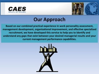 Our Approach
  Based on our combined practical experience in work personality assessment,
management development, organizational improvement, and effective specialized
    recruitment, we have developed this service to help you to identify and
understand any gaps that exist between your desired managerial results and your
                current management performance capabilities.
 