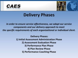 Delivery Phases
   In order to ensure service effectiveness, we adapt our service
           components and our delivery approach to meet
the specific requirements of each organizational or individual client.

                            Delivery Phases:
            1) Initial Assessment Administration Phase
                  2) Assessment Evaluation Phase
                      3) Performance Plan Phase
                         4) Plan Review Phase
                   5) Performance Coaching Phase
 