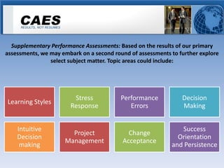Supplementary Performance Assessments: Based on the results of our primary
assessments, we may embark on a second round of assessments to further explore
                select subject matter. Topic areas could include:




                        Stress            Performance           Decision
Learning Styles
                       Response              Errors             Making


    Intuitive                                                  Success
                       Project              Change
    Decision                                                  Orientation
                     Management           Acceptance
     making                                                 and Persistence
 