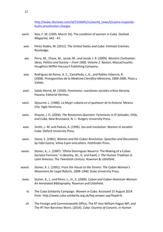 32
http://www.nbcnews.com/id/5526645/ns/world_news/t/castro-­‐responds-­‐
bushs-­‐prostitution-­‐charges	
  	
  
	
  
xxviii. Noa,	
  F.	
  M.	
  (1905,	
  March	
  16).	
  The	
  condition	
  of	
  women	
  in	
  Cuba.	
  Outlook	
  
Magazine,	
  642	
  -­‐	
  47.	
  
	
  
xxix. Pérez-­‐Stable,	
  M.	
  (2011).	
  The	
  United	
  States	
  and	
  Cuba:	
  Intimate	
  Enemies.	
  
Routledge.	
  	
  
	
  
xxx. Perry,	
  M.,	
  Chase,	
  M.,	
  Jacob,	
  M.,	
  and	
  Jacob,	
  J.	
  R.	
  (2009).	
  Western	
  Civilisation:	
  
Ideas,	
  Politics	
  and	
  Society	
  –	
  From	
  1600,	
  Volume	
  2.	
  Boston,	
  Massachusetts:	
  
Houghton	
  Mifflin	
  Harcourt	
  Publishing	
  Company.	
  	
  
	
  
xxxi. Rodríguez	
  de	
  Romo,	
  A.	
  C.,	
  Castañeda,	
  L,	
  G.,	
  and	
  Robles	
  Valencia,	
  R.	
  
(2008).	
  Protagonistas	
  de	
  la	
  Medicina	
  Científica	
  Mexicana,	
  1800-­‐2006.	
  Plaza	
  y	
  
Valdés.	
  	
  
	
  
xxxii. Sabás	
  Alomá,	
  M.	
  (1930).	
  Feminismo:	
  cuestiones	
  sociales-­‐crítica	
  literaria.	
  
Havana:	
  Editorial	
  Hermes.	
  
	
  
xxxiii. Séjourné,	
  L.	
  (1980).	
  La	
  Mujer	
  cubana	
  en	
  el	
  quehacer	
  de	
  la	
  historia.	
  Mexico	
  
City:	
  Siglo	
  Veintiuno.	
  
	
  
xxxiv. Shayne,	
  J.	
  D.	
  (2004).	
  The	
  Revolution	
  Question:	
  Feminisms	
  in	
  El	
  Salvador,	
  Chile,	
  
and	
  Cuba.	
  New	
  Brunswick,	
  N.	
  J.:	
  Rutgers	
  University	
  Press.	
  
	
  
xxxv. Smith,	
  L.	
  M.	
  and	
  Padula,	
  A.	
  (1996).	
  Sex	
  and	
  revolution:	
  Women	
  in	
  socialist	
  
Cuba.	
  Oxford	
  University	
  Press.	
  
	
  
xxxvi. Stone,	
  E.	
  (1981).	
  Women	
  and	
  the	
  Cuban	
  Revolution.	
  Speeches	
  and	
  Documents	
  
by	
  Fidel	
  Castro,	
  Vilma	
  Espín	
  and	
  others.	
  Pathfinder	
  Press.	
  
	
  
xxxvii. Stoner,	
  K.,	
  L.	
  (1987).	
  ‘Ofelia	
  Dominguez	
  Navarro:	
  The	
  Making	
  of	
  a	
  Cuban	
  
Socialist	
  Feminist.’	
  In	
  Beezley,	
  W.,	
  H.	
  and	
  Ewell,	
  J.	
  The	
  Human	
  Tradition	
  in	
  
Latin	
  America:	
  The	
  Twentieth	
  Century.	
  Rowman	
  &	
  Littlefield.	
  
	
  
xxxviii. Stoner,	
  K.	
  L.	
  (1991).	
  From	
  the	
  House	
  to	
  the	
  Streets:	
  The	
  Cuban	
  Woman’s	
  
Movement	
  for	
  Legal	
  Reform,	
  1898–1940.	
  Duke	
  University	
  Press.	
  	
  
	
  
xxxix. Stoner,	
  K.,	
  L.	
  and	
  Pérez,	
  L.,	
  H.,	
  S.	
  (2000).	
  Cuban	
  and	
  Cuban-­‐American	
  Women:	
  
An	
  Annotated	
  Bibliography.	
  Rowman	
  and	
  Littlefield.	
  	
  
	
  
xl. The	
  Cuba	
  Solidarity	
  Campaign.	
  Women	
  in	
  Cuba.	
  Accessed	
  15	
  August	
  2014	
  
from:	
  http://www.cuba-­‐solidarity.org.uk/faq-­‐answer.asp?faqid=6.	
  	
  
	
  
xli. The	
  Foreign	
  and	
  Commonwealth	
  Office,	
  The	
  RT	
  Hon	
  William	
  Hague	
  MP,	
  and	
  
The	
  RT	
  Hon	
  Baroness	
  Warsi.	
  (2014).	
  Cuba:	
  Country	
  of	
  Concern,	
  in	
  Human	
  
 