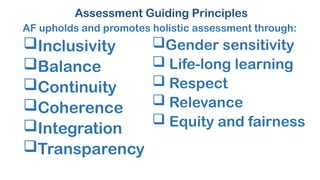 Assessment Guiding Principles
AF upholds and promotes holistic assessment through:
Inclusivity
Balance
Continuity
Coherence
Integration
Transparency
Gender sensitivity
 Life-long learning
 Respect
 Relevance
 Equity and fairness
 