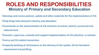 ROLES AND RESPONSIBILITIES
Ministry of Primary and Secondary Education
develop and review policies, syllabi and other materials for the implementation of CA
help forge links between industry and education
coordinate on the administration of CA activities at school, district, provincial and
national level
monitor, supervise, evaluate and support implementation of CA activities, in schools
carry out CA related researches
capacity building of all teachers on the delivery of the syllabi, CA for formative
assessment and profiling.
 