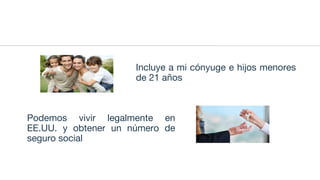 Incluye a mi cónyuge e hijos menores
de 21 años
Podemos vivir legalmente en
EE.UU. y obtener un número de
seguro social
 