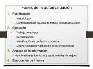 Fases de la autoevaluación
1. Planificación
• Metodología
• Conformación de equipos de trabajo en todas las sedes
2. Ejecución
• Trabajo de equipos
• Sensibilización
• Identificación de población y muestra
• Diseño validación y aplicación de los instrumentos
3. Análisis de la información
− Identificación de fortalezas y oportunidades de mejora
4. Elaboración de informe
 