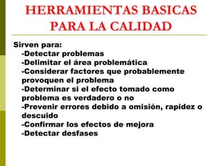 HERRAMIENTAS BASICAS
PARA LA CALIDAD
Sirven para:
-Detectar problemas
-Delimitar el área problemática
-Considerar factores que probablemente
provoquen el problema
-Determinar si el efecto tomado como
problema es verdadero o no
-Prevenir errores debido a omisión, rapidez o
descuido
-Confirmar los efectos de mejora
-Detectar desfases

 