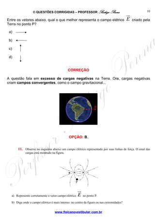 © QUESTÕES CORRIGIDAS – PROFESSOR Rodrigo Penna
www.fisicanovestibular.com.br
10
Entre os vetores abaixo, qual o que melhor representa o campo elétrico E criado pela
Terra no ponto P?
CORREÇÃO
A questão fala em excesso de cargas negativas na Terra. Ora, cargas negativas
criam campos convergentes, como o campo gravitacional...
OPÇÃO: B.
11. Observe no esquema abaixo um campo elétrico representado por suas linhas de força. O sinal das
cargas está mostrado na figura.
a) Represente corretamente o vetor campo elétrico E no ponto P.
b) Diga onde o campo elétrico é mais intenso: no centro da figura ou nas extremidades?
a)
b)
c)
d)
.P
P
 